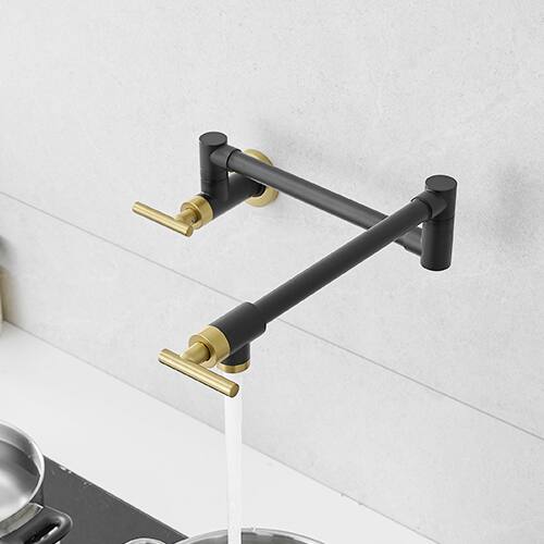 Back. Siljoy - Pot Filler Faucet Wall Mount Folding Kitchen Sink Faucets Retractable Single Hole with 2 Handles Black & Gold - Black+Gold.