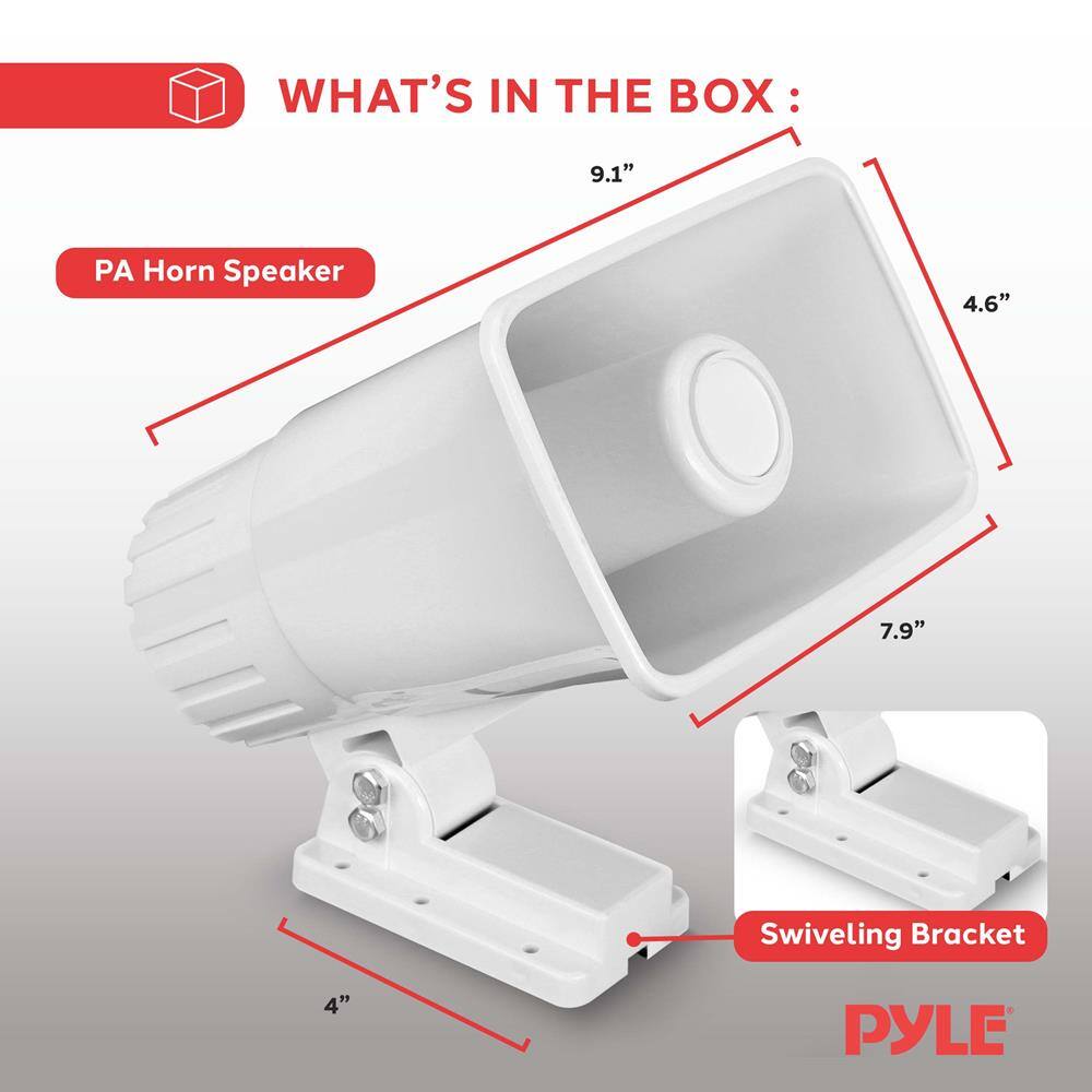 WHAT'S IN THE BOX:

- PA Horn Speaker
- Swiveling Bracket

Dimensions:
- 9.1"
- 4.6"
- 7.9"
- 4"