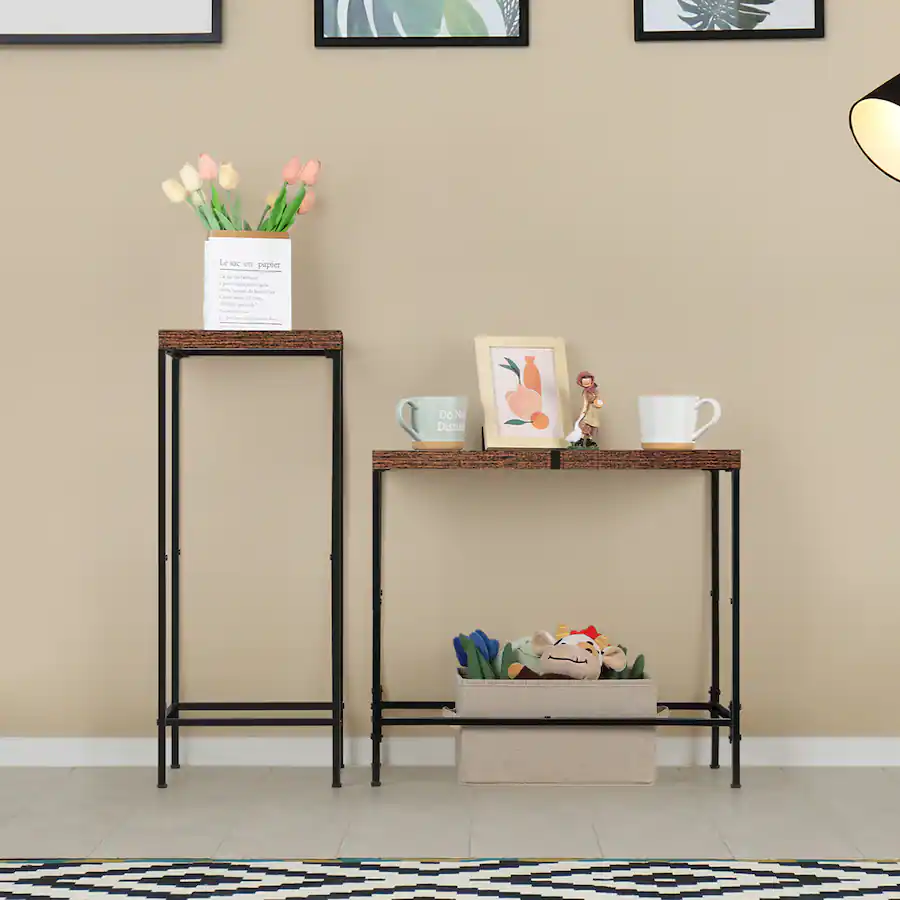 Obby Frame Oumilen Set of 2 Narrow End Tables – Rustic Wood Top with Black Metal ...