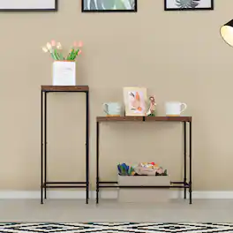 Oumilen - Set of 2 Narrow End Tables – Rustic Wood Top with Black Metal Frame, Mixed Height Nesting Side Table - Brown