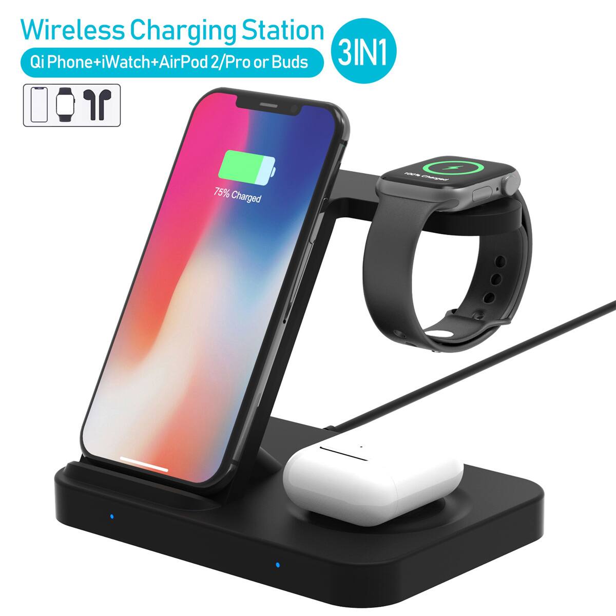 Wireless Charging Station  
Qi Phone+iWatch+AirPod 2/Pro or Buds  
3IN1  
75% Charged