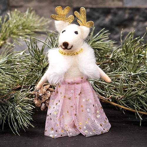Angle. BreeBe - Pink and Gold Glam Deer Felted Ornament - Pink and Gold.