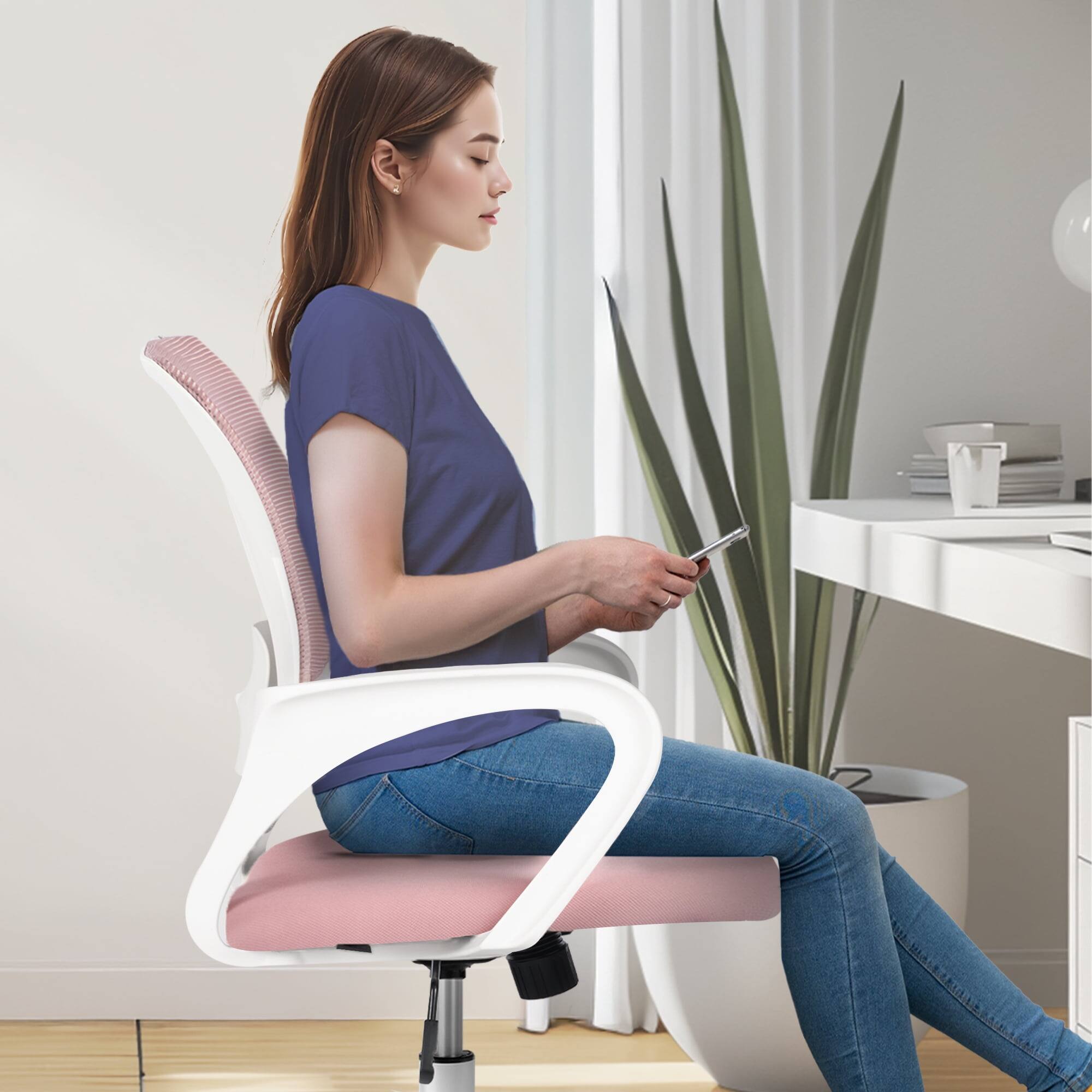 Alt View 4. Neo Chair - Office Desk Ergonomic Computer Mesh Chair with Lumbar Mid Back Support Rolling Wheels Comfy Task Vanity Chair for Home - Pink.