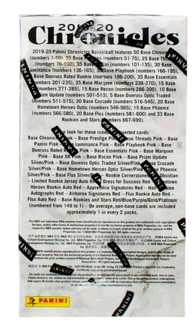 2019-20 Panini Chronicles Basketball features:

- 50 Base Chronic (numbers 1-50)
- 25 Base (numbers 51-75)
- 25 Base Thrust (numbers 76-100)
- 35 Base (numbers 101-135)
- 30 Base Playbook (numbers 136-165)
- 35 Base Donruss Rated Rookie (numbers 166-195)
- 35 Base Essentials (numbers 196-200)
- 35 Base Marquee (numbers 201-235)
- 15 Base Recon (numbers 236-270)
- 15 Base (numbers 271-285)
- 10 Base Prizm Update (numbers 286-300)
- 5 Base Donruss Optic Traded (numbers 501-510)
- 30 Base Crusade (numbers 511-545)
- 20 Base Hometown Heroes Optic (numbers 54