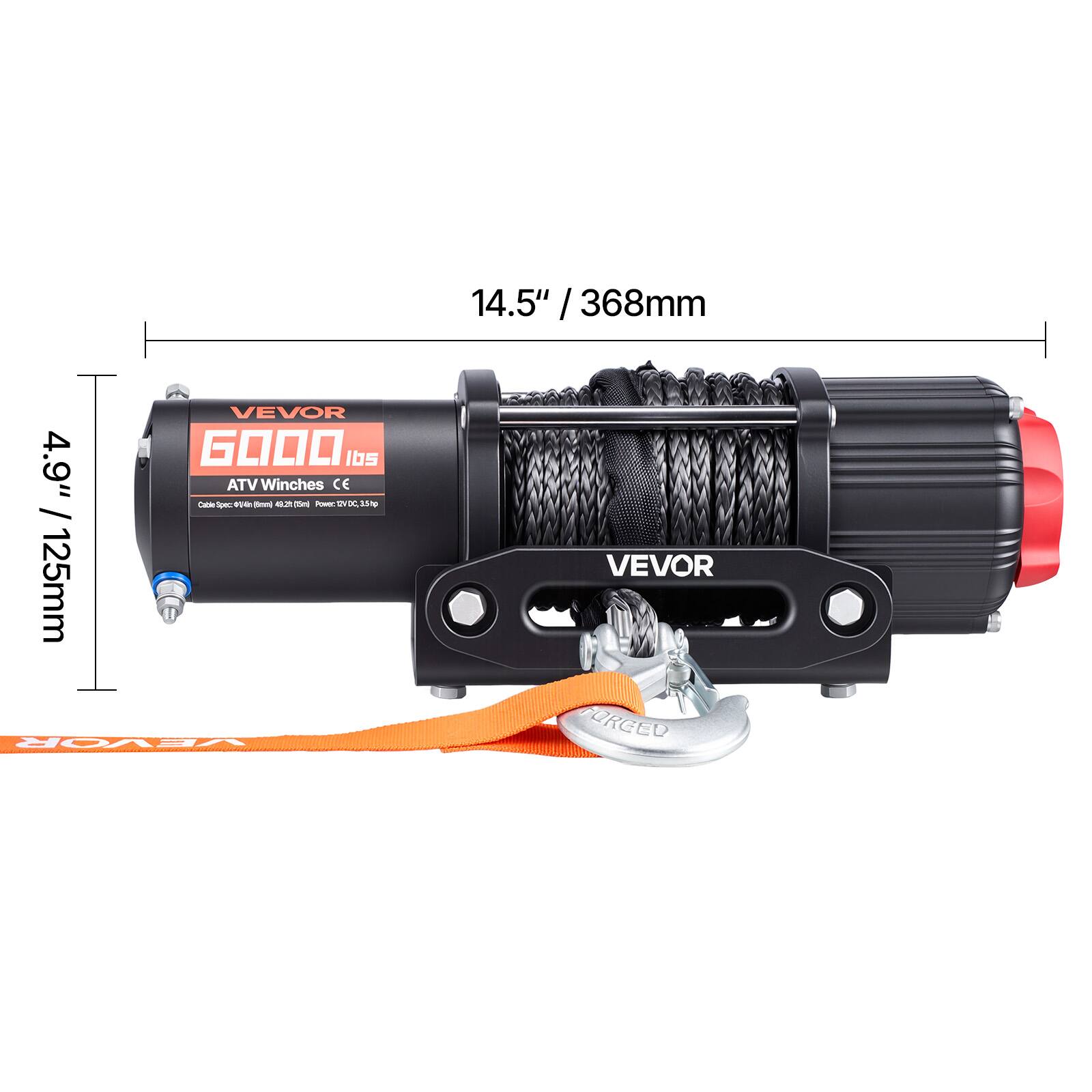 14.5" / 368mm  
4.9" / 125mm  
VEVOR  
6000 lbs  
ATV Winches  
CE  
Cable Space: 49ft (14.9m) 42.2kN  
Power: 12V DC 0.3hp  
VEVOR FORGED