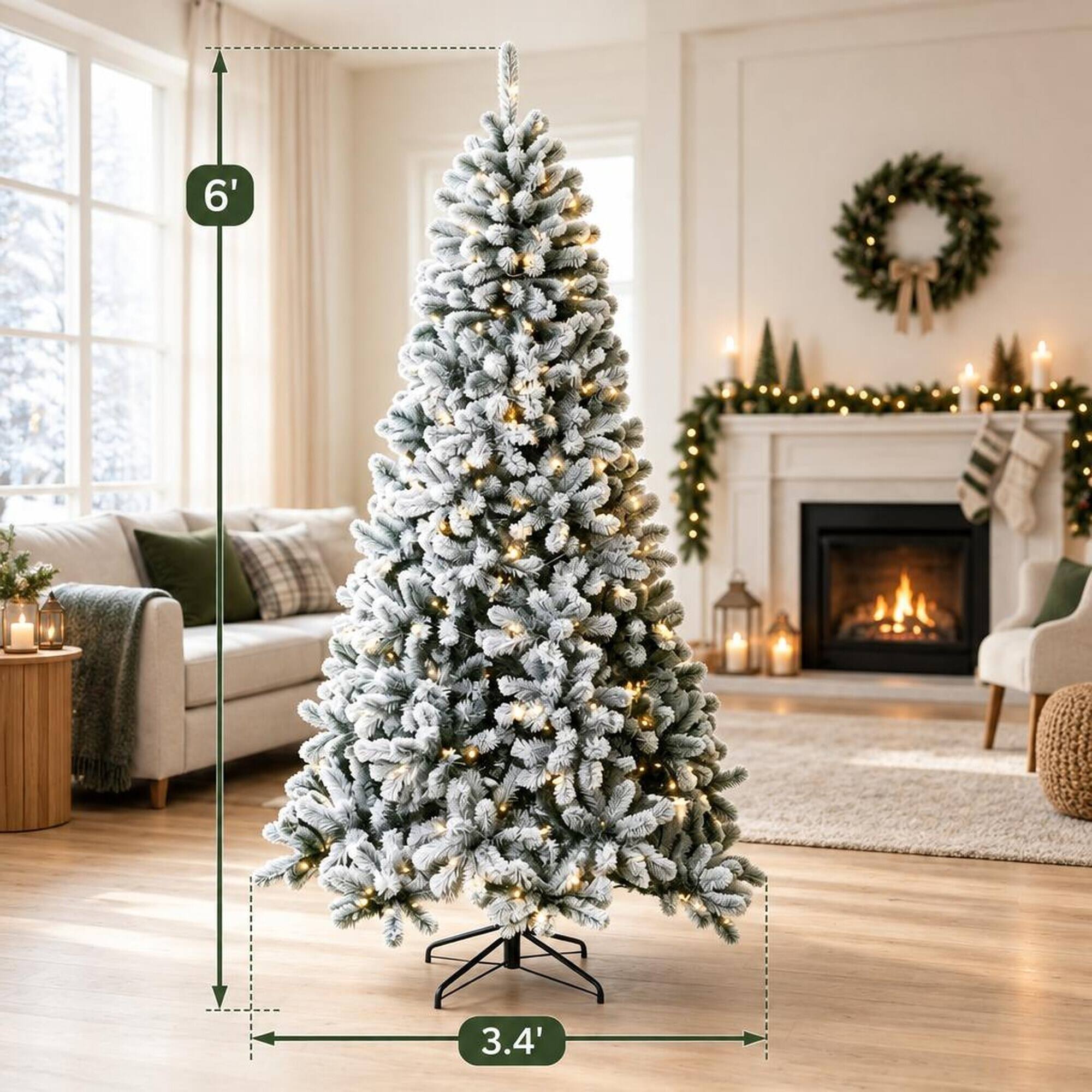 Alt View 1. RYHNUYNE - 6FT Pre-Lit Flocked Northern Pine Christmas Tree With Realistic Curved Tips and Pre-Strung LED Lights - Green,White.