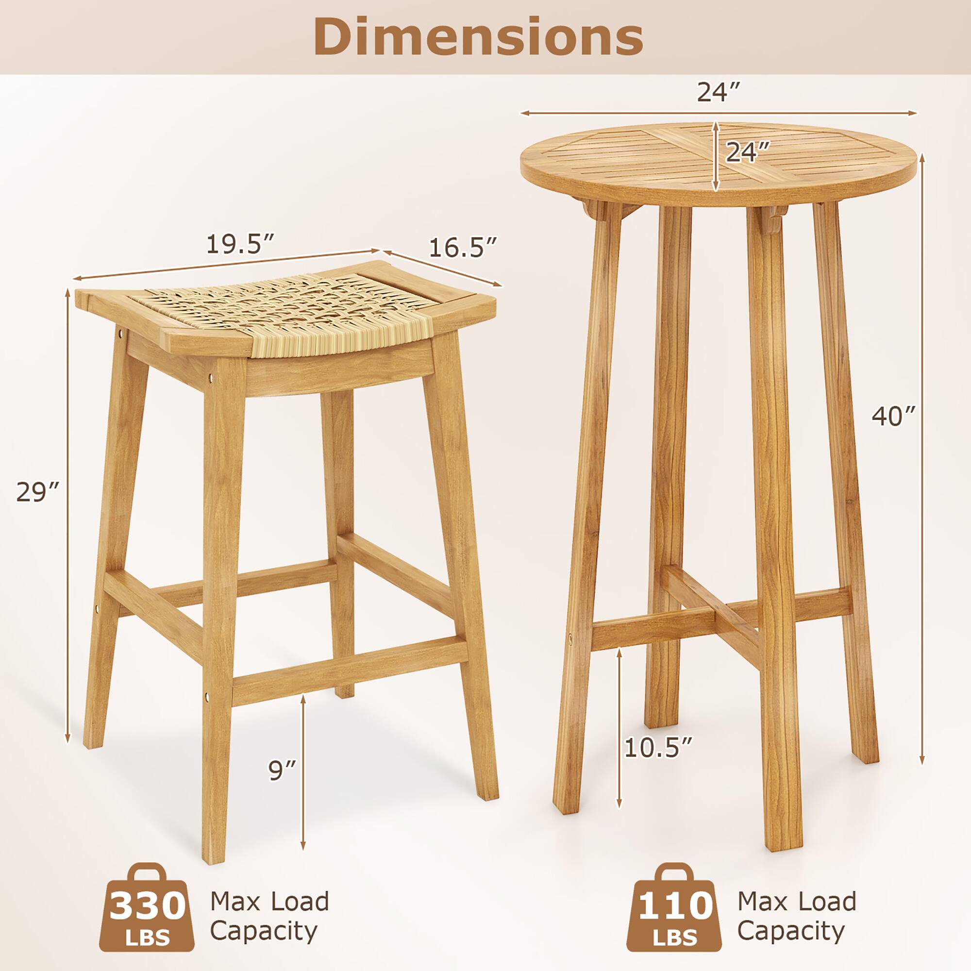Dimensions: 24" 24" 19.5" 16.5" 40" 29" 9" 10.5"

Max Load LBS Capacity: 330 110