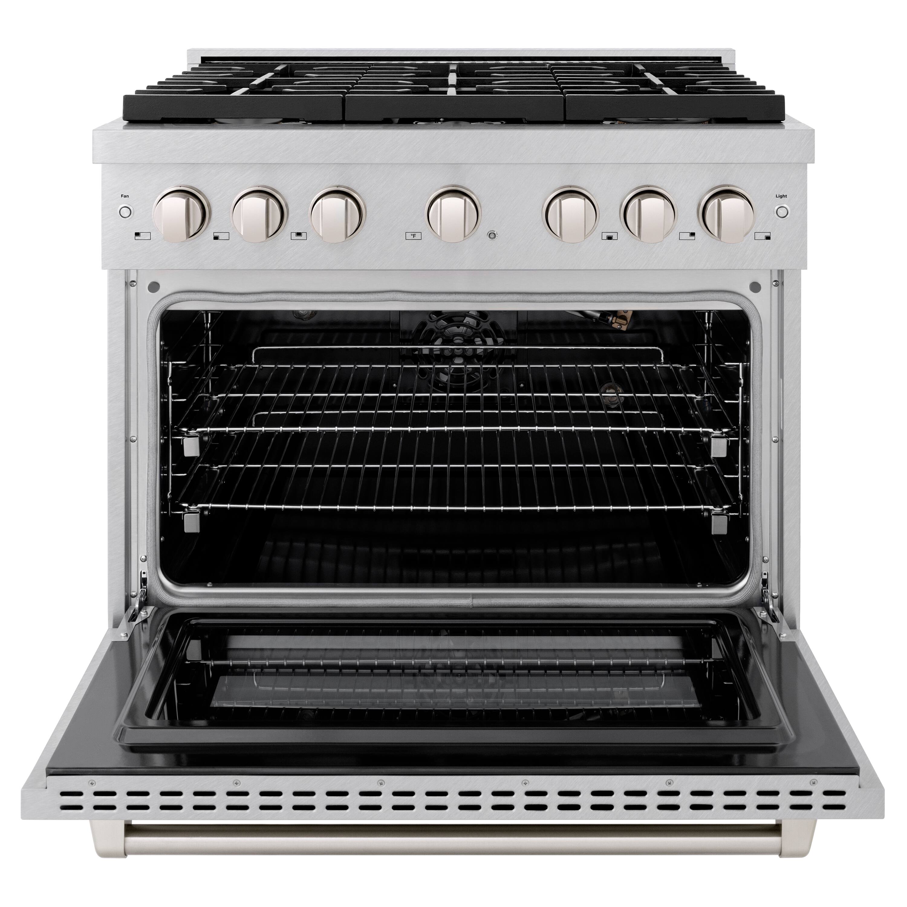 Angle. ZLINE - ZLINE 36 in. Paramount Satin Stainless Gas Range w/ Convection Oven & 6 Brass Burners (SGRS-BR-36) - Stainless Steel.