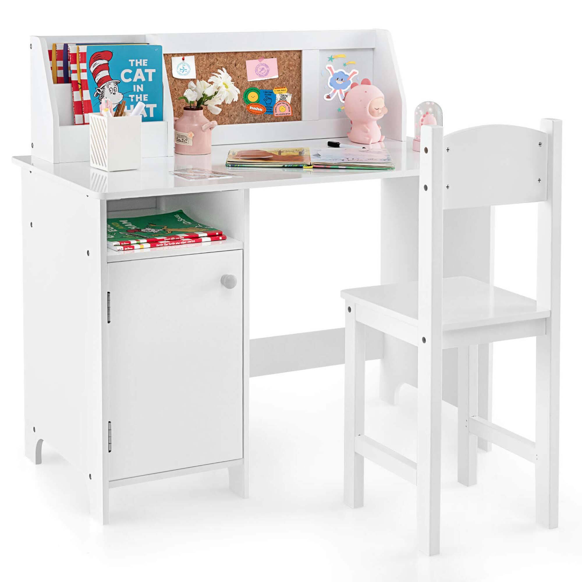 Costway - Kids Study Desk Chair Children Table & Chair Set withboard - White