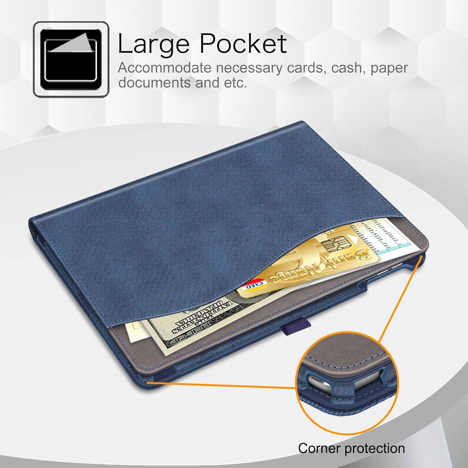 Large Pocket  
Accommodate necessary cards, cash, paper documents and etc.  

Bank immitimos CARD BankName 00 SHILL WWW.ALLAND 2014 ES  

Corner protection