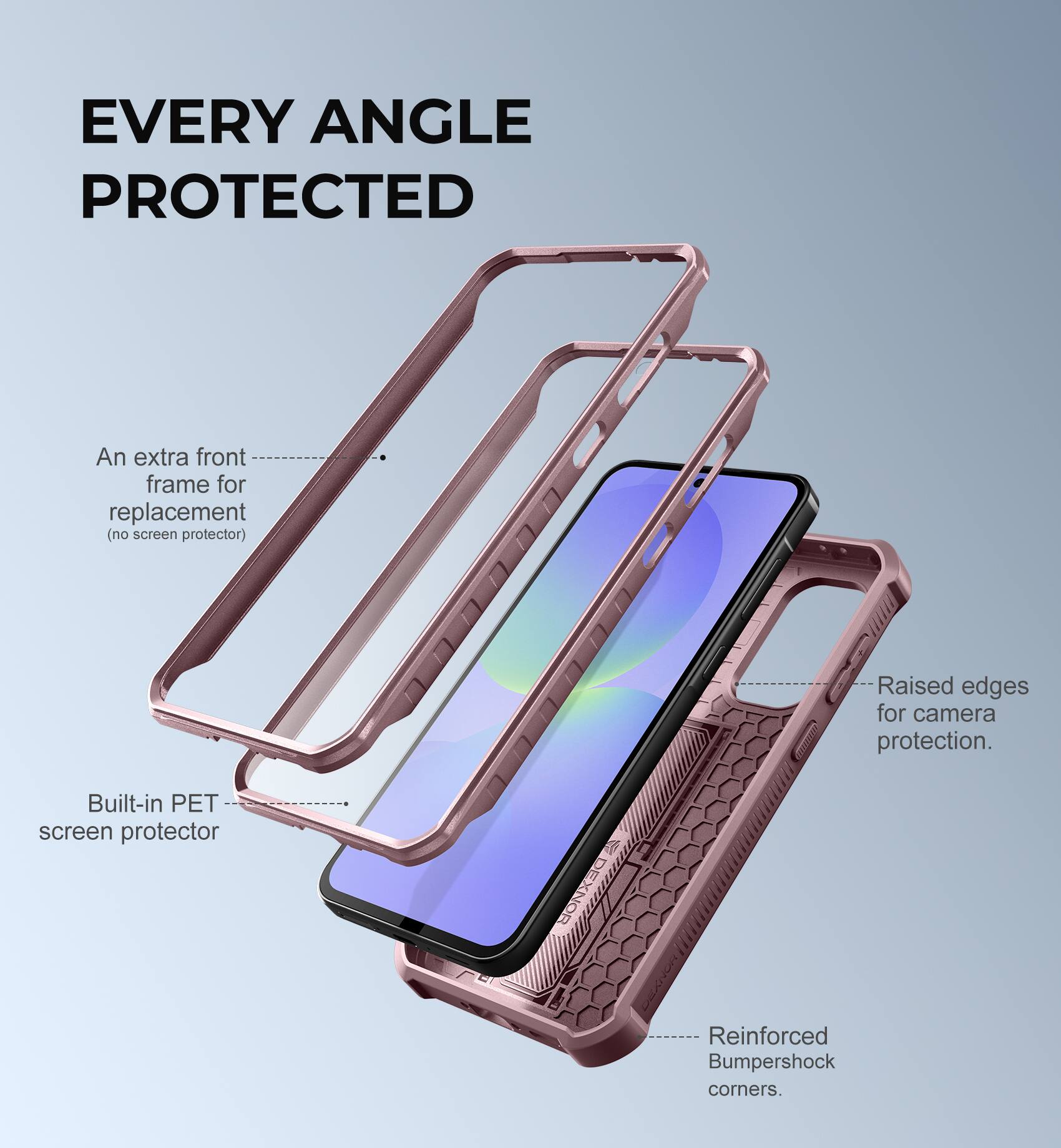 EVERY ANGLE PROTECTED

An extra front frame for replacement (no screen protector)
Built-in PET screen protector
Raised edges for camera protection
Reinforced Bumpershock corners