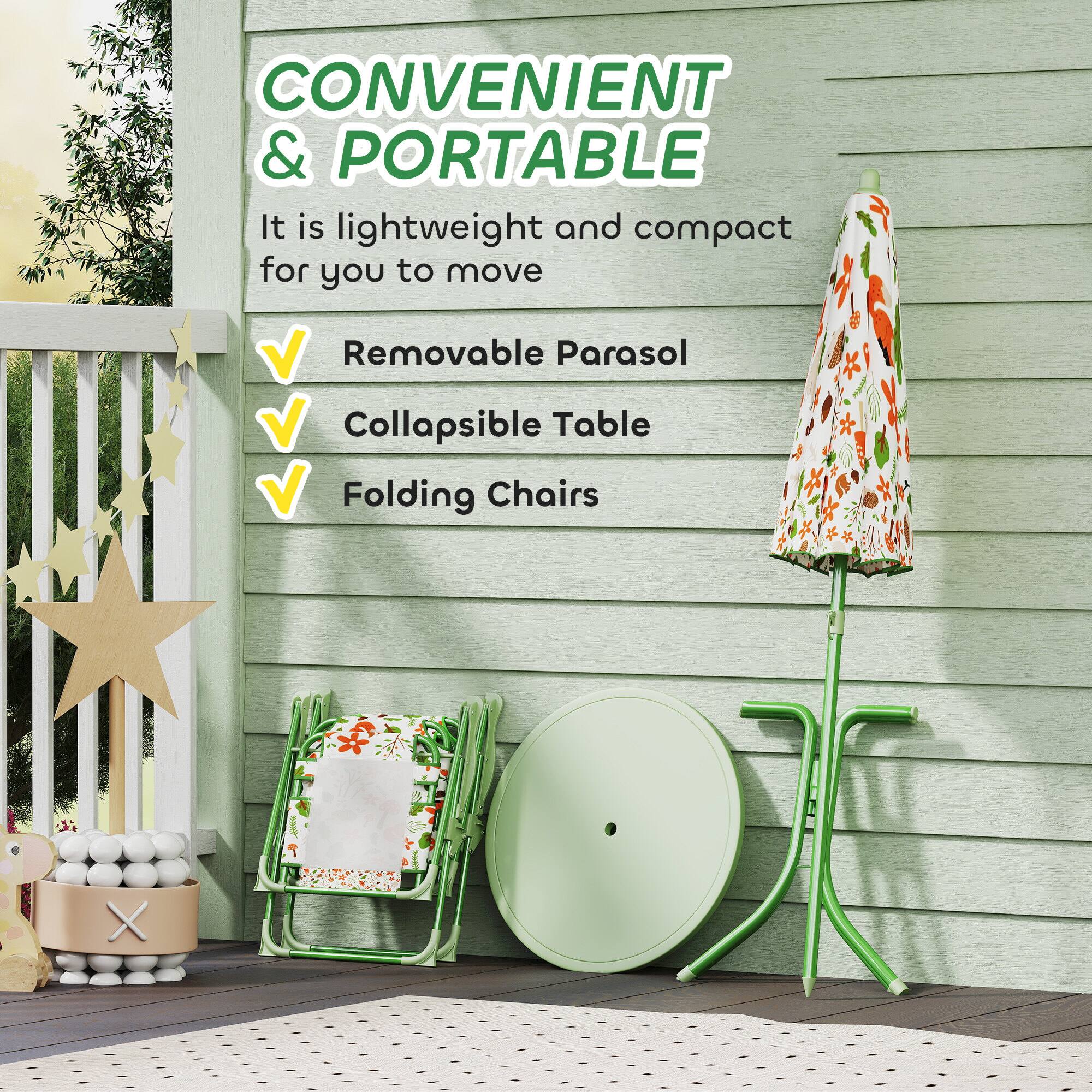 CONVENIENT & PORTABLE  
It is lightweight and compact for you to move  

- Removable Parasol  
- Collapsible Table  
- Folding Chairs