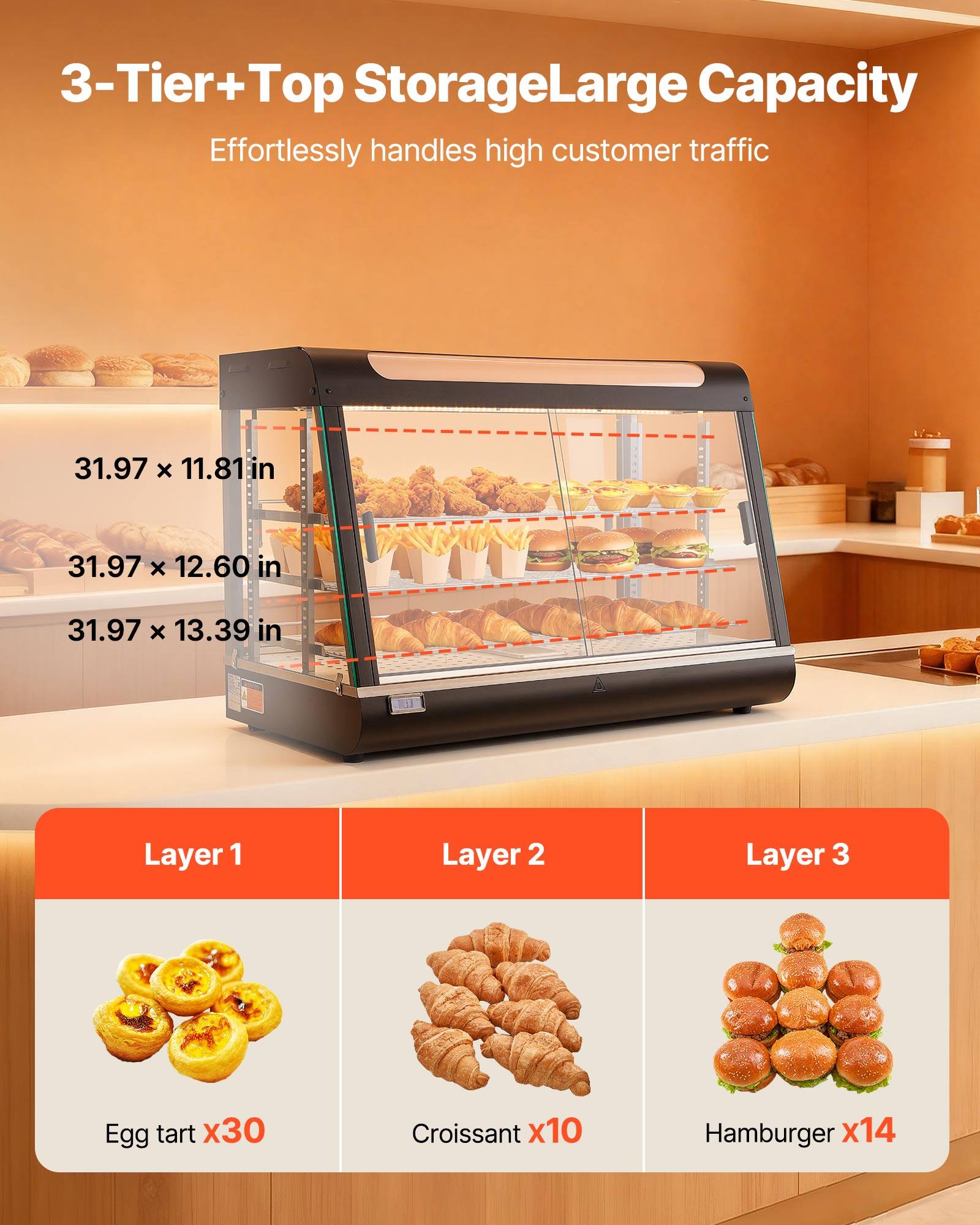 3-Tier+Top Storage Large Capacity  
Effortlessly handles high customer traffic

31.97 X 11.81 in  
31.97 X 12.60 in  
31.97 X 13.39 in

Layer 1  
Egg tart x30

Layer 2  
Croissant x10

Layer 3  
Hamburger x14