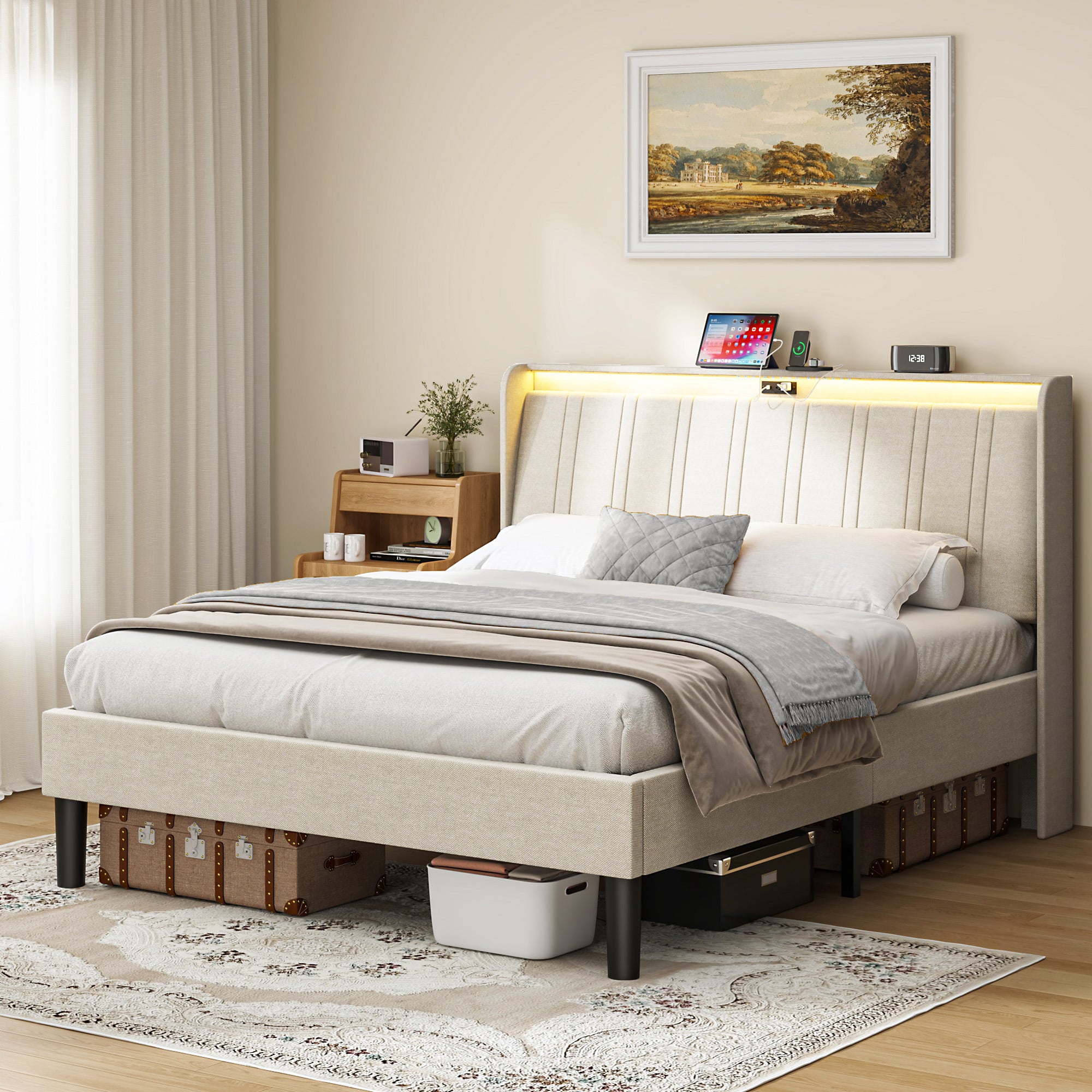 APRILSOUL - Queen Size Platform Bed Frame with Fabric Upholstered Headboard and Wooden Slats Support - Beige