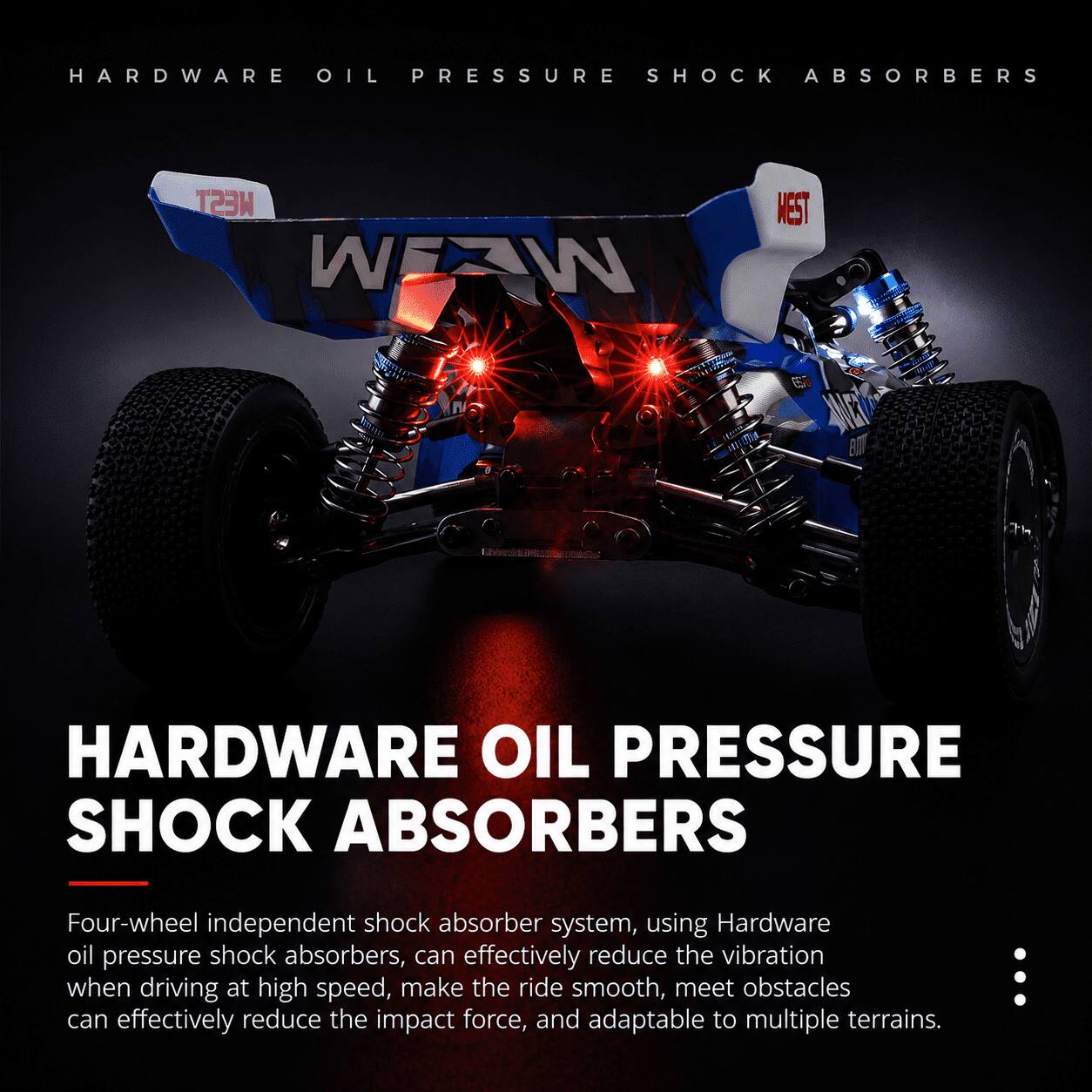 HARDWARE OIL PRESSURE SHOCK ABSORBERS

WEST WAW

MEST

NIGHT

HARDWARE OIL PRESSURE SHOCK ABSORBERS

Four-wheel independent shock absorber system, using Hardware oil pressure shock absorbers, can effectively reduce the vibration when driving at high speed, make the ride smooth, meet obstacles can effectively reduce the impact force, and adaptable to multiple terrains.