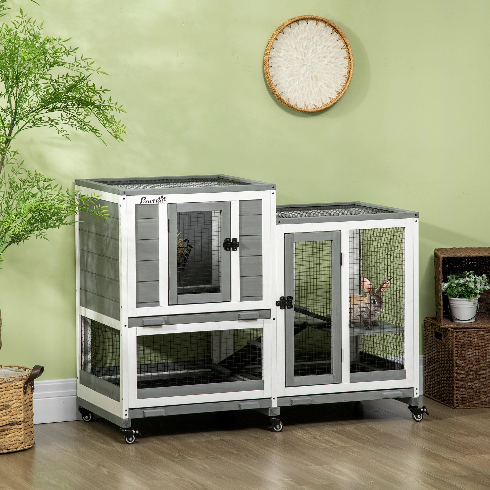 Angle. Pawhut - Indoor Rabbit Hutch, Three Story Wooden Rabbit Cage with Runs, Wheels, Waterproof Roof, Removable Trays.