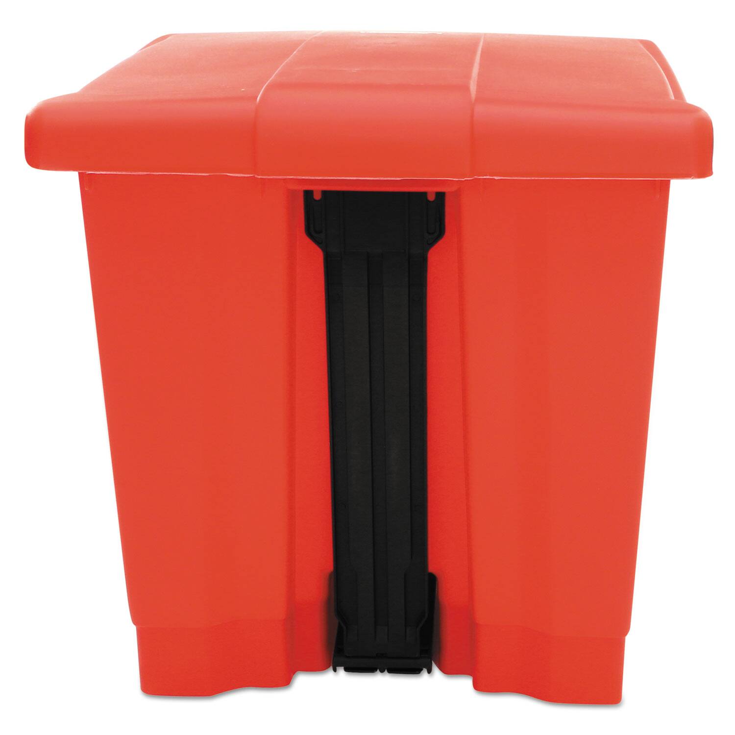 Left. RubberMaid - Indoor Utility Step-On Waste Container, 8 gal, Plastic, Red.