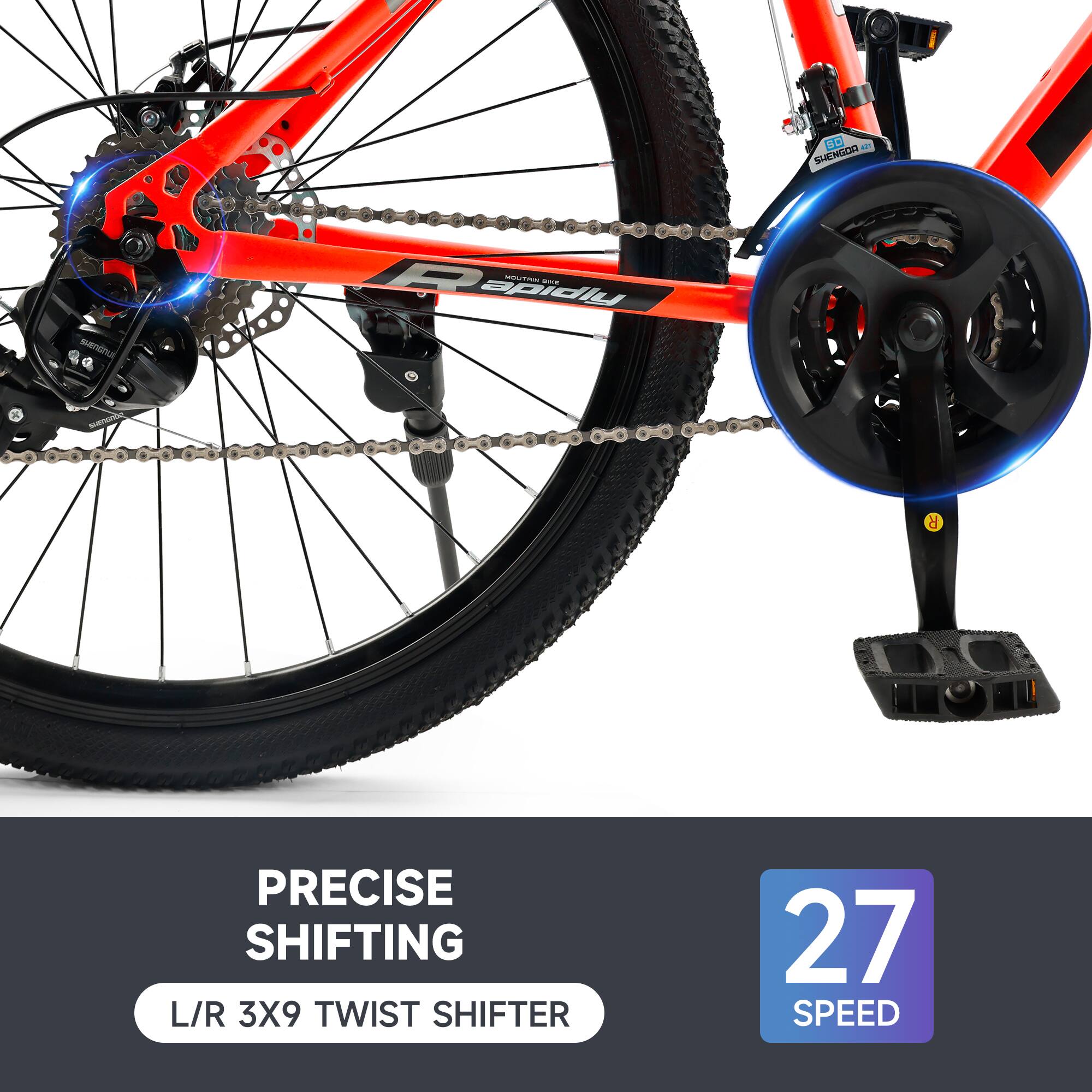 - SHENGDA
- PRECISE SHIFTING
- L/R 3X9 TWIST SHIFTER
- 27 SPEED