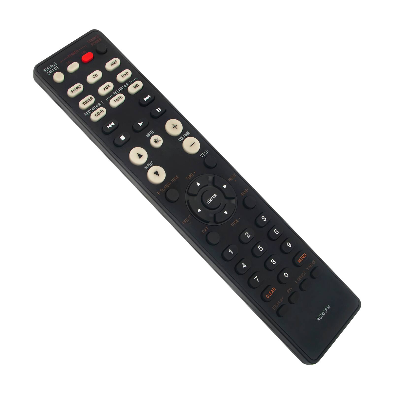 SOURCE POWER - POWER - POWLE 1 - De AMP SOURCE CD DVD j PHONO AUX RECORDER ND TUNER 1 TAPE D 1 RECORDER CO-R " 14 MUTE VOLUME MENU INPUT TUNE TUNE+ SCANIA ENTER PRESET CAT PRESET BAND 3 TUNE- 2 6 9 5 1 MEMO 4 T.MODE 0 F.DIRECT 7 CLEAR PTY DISPLAY RC003PM