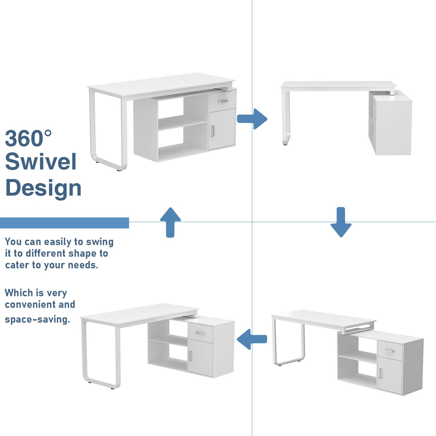 360° Swivel Design  
You can easily swing it to different shapes to cater to your needs.  
Which is very convenient and space-saving.