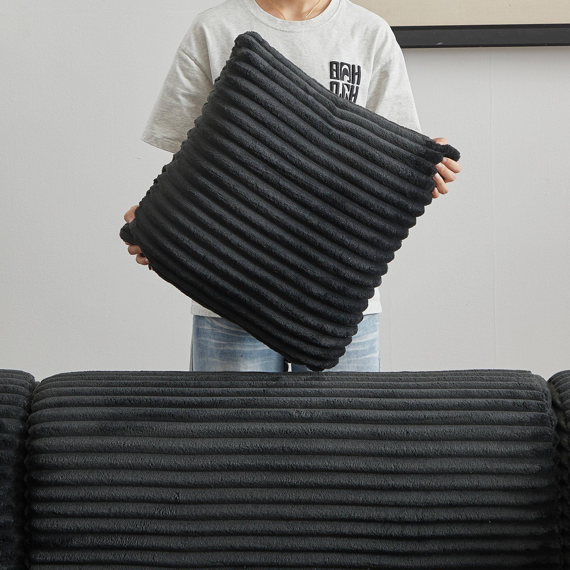 Alt View 6. Meqiodas - Corduroy Modular Sofa Boneless Couch, Featuring an Inlaid Structural Design, Three Throw Pillows, Wider Backrest Design - Black.