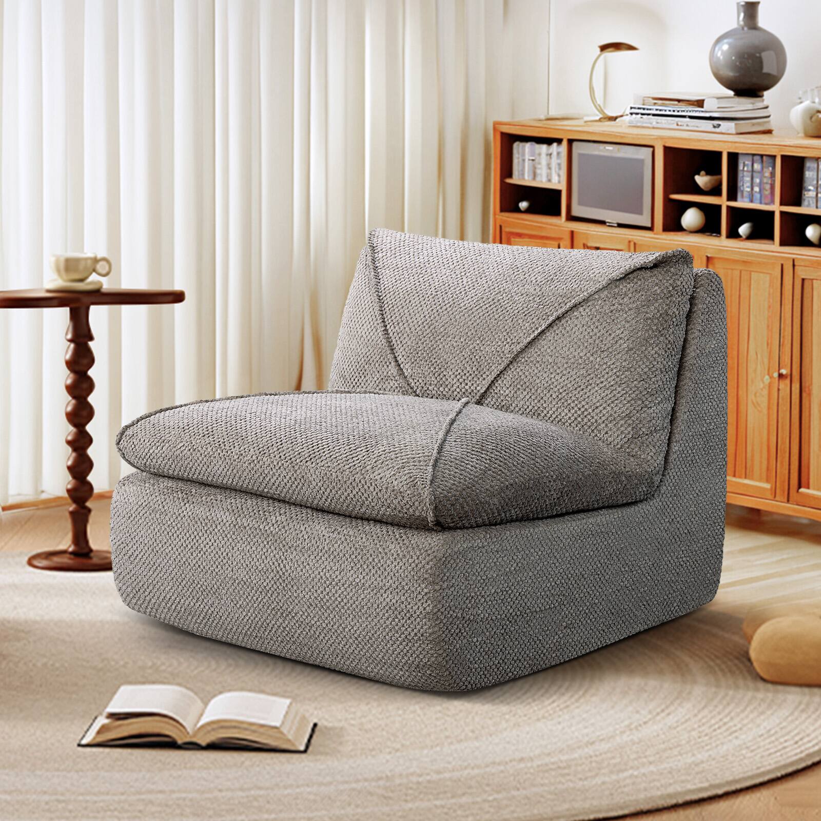 Front. KERDOM - 35'' Wide Armless Leisure Single Sofa XL Size, Upholstery Reading Lounge Chair, Futon Reception Floor Sofa Assemble Free - Grey.