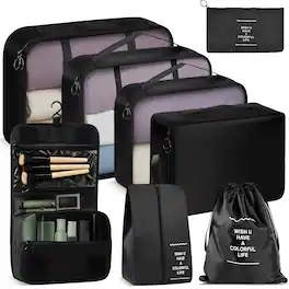 Fosmon - 8pc Packing Cubes Set, Packing Cubes for Travel, Travel Bags Organizer, Suitcase Organizer Travel Cube for Packing - Black