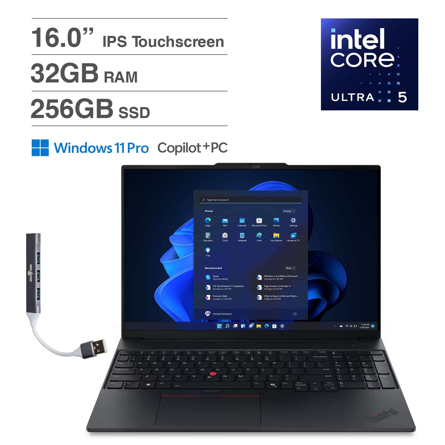 Lenovo - ThinkPad E16 Laptop 16'' Touchscreen (Intel Ultra 5-225U, 32GB DDR5, 256GB SSD, Win 11 Pro) w/DKZ USB Hub - Black