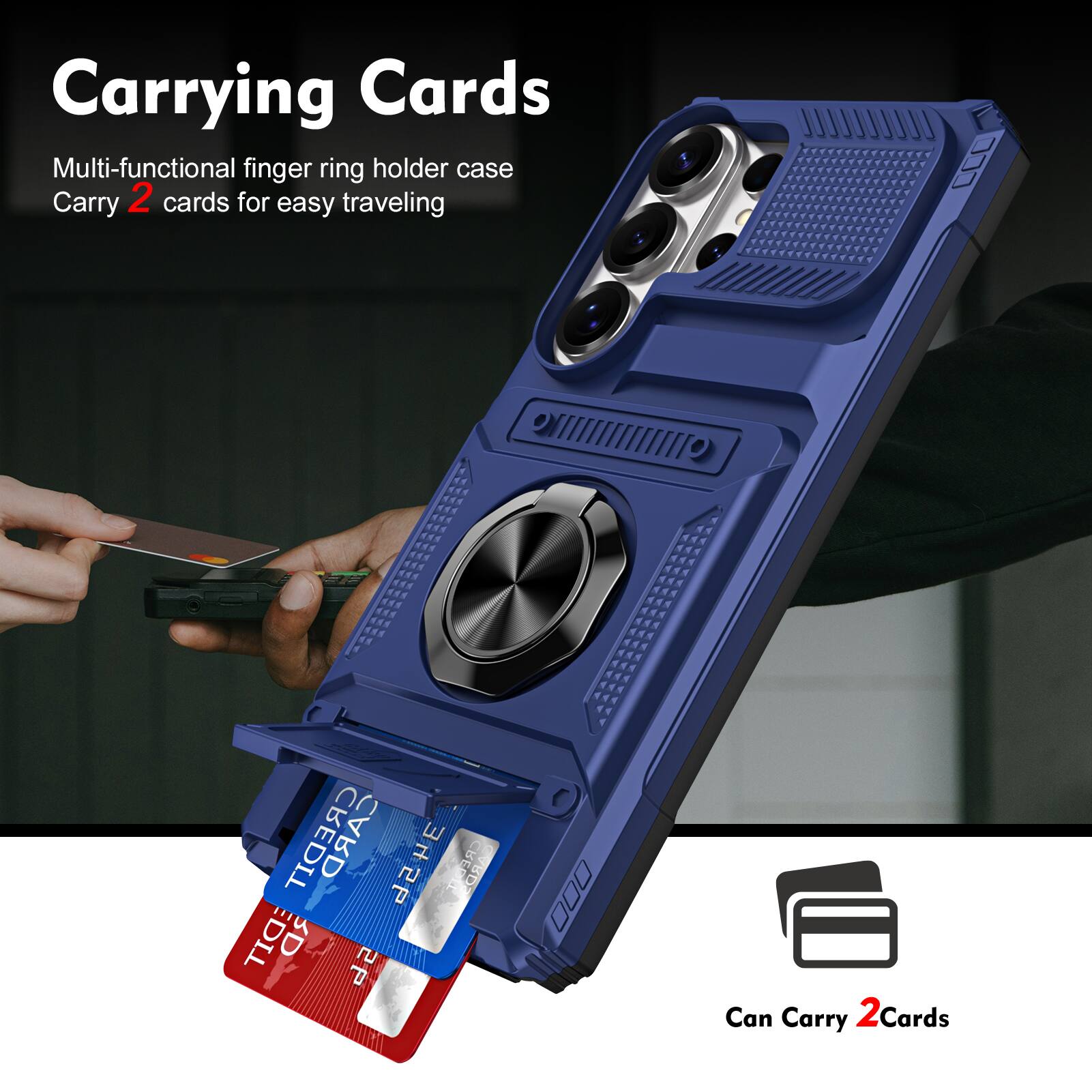 Carrying Cards  
Multi-functional finger ring holder case  
Carry 2 cards for easy traveling  

Can Carry 2 Cards