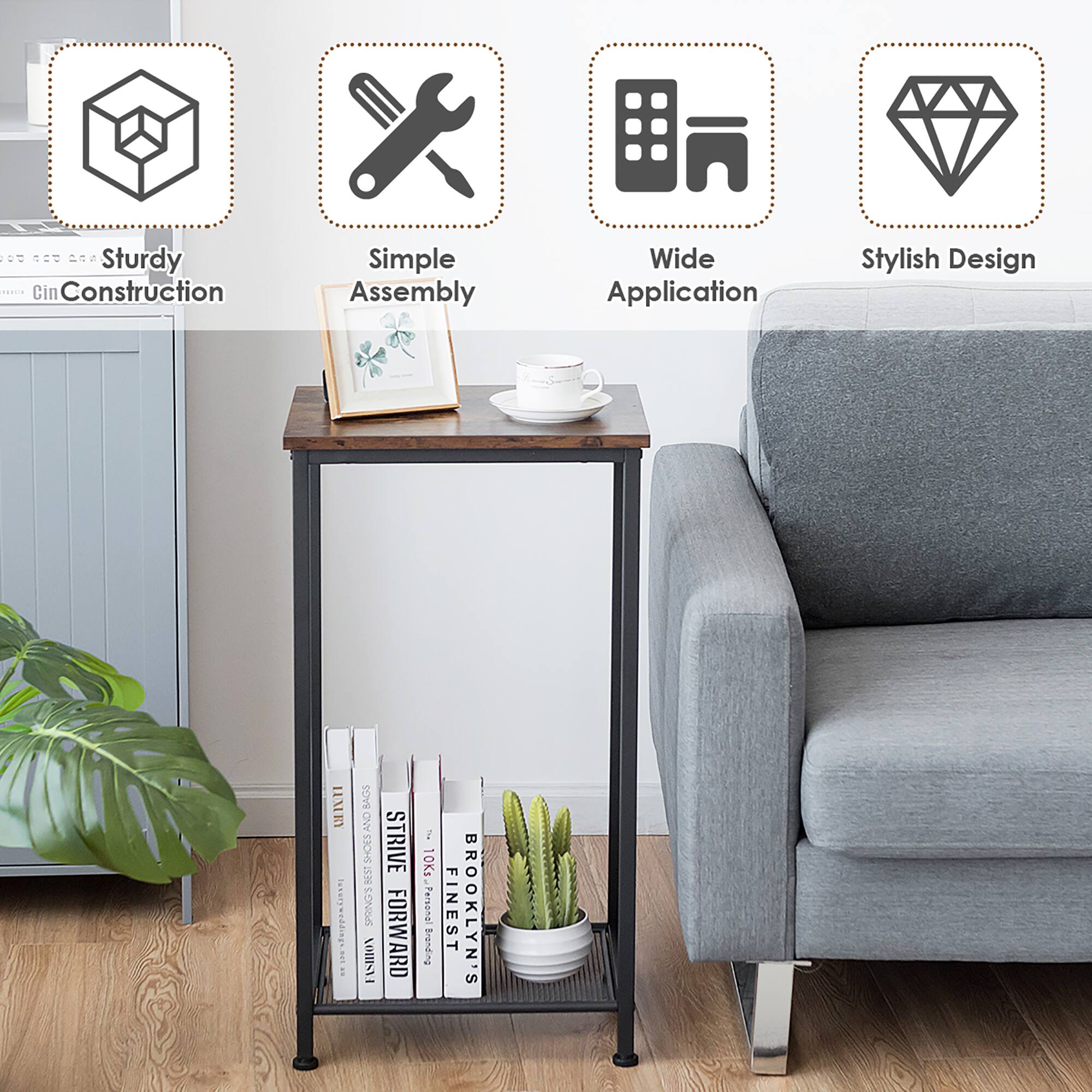 The image features a stylish design couch, a coffee table, and a bookshelf. The couch is accompanied by a bookshelf and a coffee table, which has a cup and a spoon on it. The scene also includes a potted plant and a vase, adding to the overall aesthetic. The text on the image suggests that the furniture is sturdy, simple to assemble, and has a wide application. The stylish design and practical features make this furniture an attractive choice for any living space.