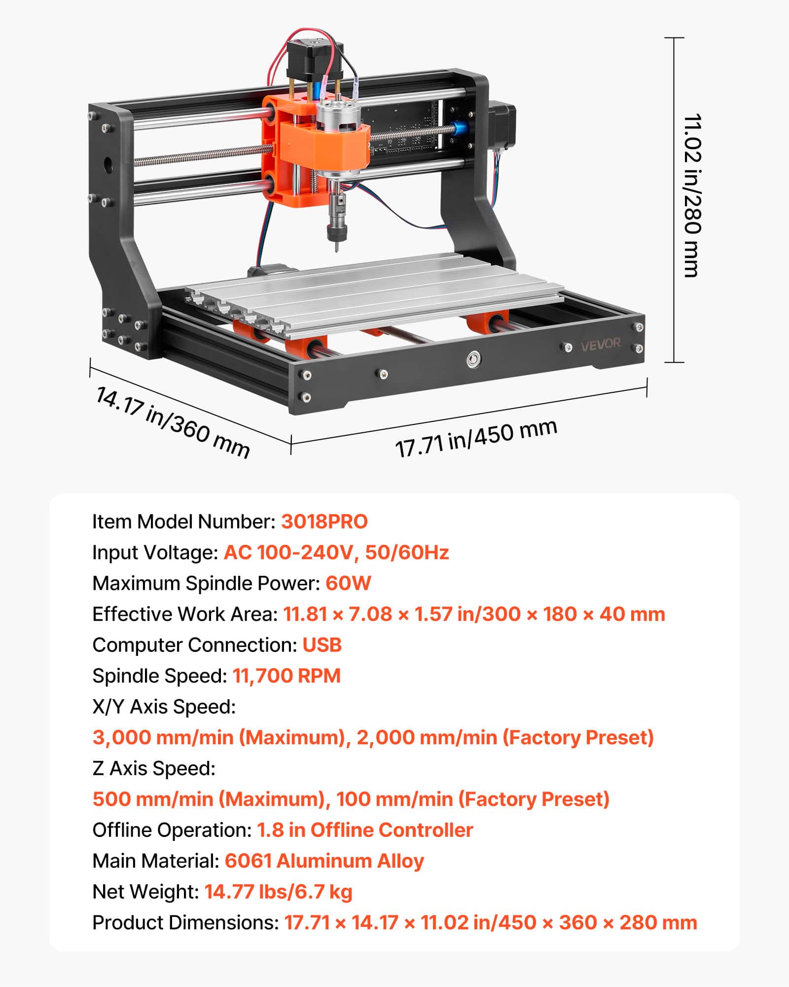 VEVOR 3018 CNC Router Machine, 60W Spindle, 3 Axis Wood Engraving