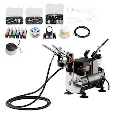 Front. VEVOR - Airbrush Kit, 1/6 HP, Air Brush Kit with Air Compressor, 3 Dual-Action Professional Airbrushes with 3 Tips - Black.