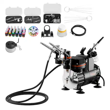 Front. VEVOR - Airbrush Kit, 1/6 HP, Air Brush Kit with Air Compressor, 3 Dual-Action Professional Airbrushes with 3 Tips - Black.