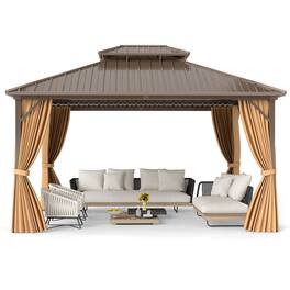 Costway - 14 x 12 FT Hardtop Gazebo Aluminum Frame Permanent Pavilion with Curtains & Netting - Brown