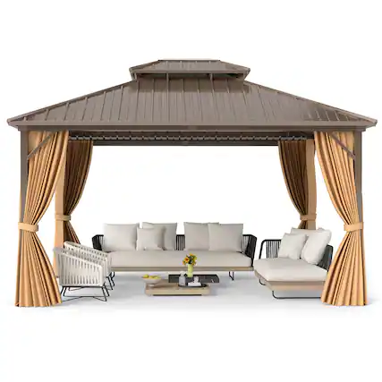 Front. Costway - Costway 14 x 12 FT Hardtop Gazebo Aluminum Frame Permanent Pavilion with Curtains & Netting - Brown.