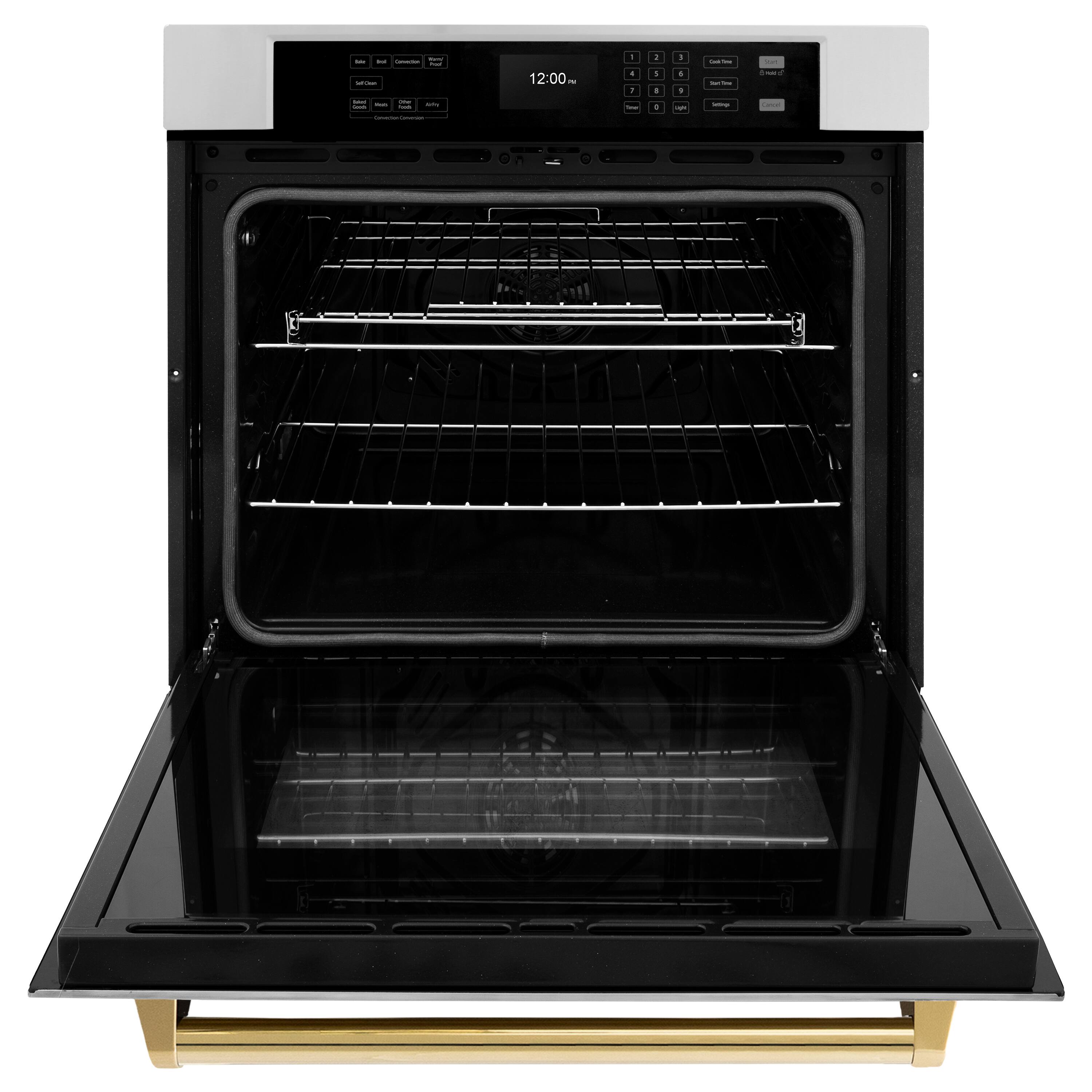 Angle. ZLINE - 30 in. Autograph Wall Oven w/ Air Fry and Self Clean w/ Polished Gold Handle - Stainless Steel.