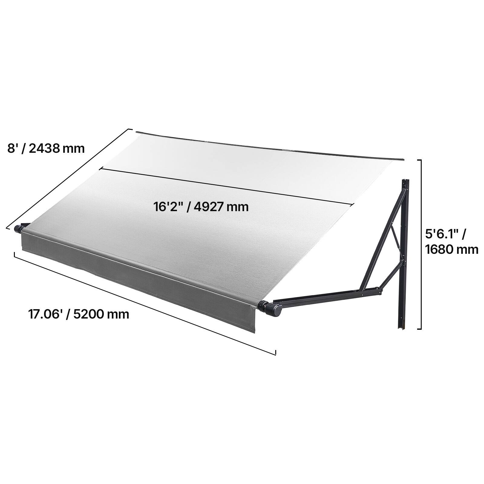 8' / 2438 mm  
16'2" / 4927 mm  
5'6.1" / 1680 mm  
17.06' / 5200 mm