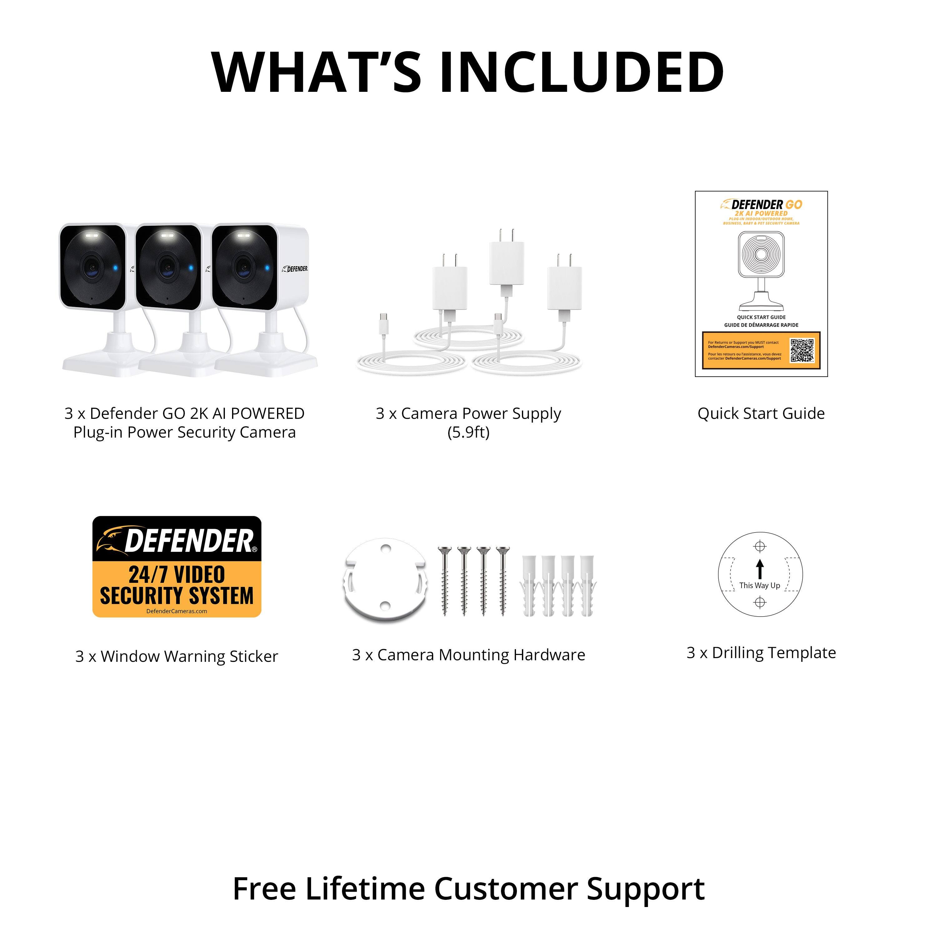 **WHAT'S INCLUDED**

- 3 x Defender GO 2K AI POWERED Plug-in Power Security Camera
- 3 x Camera Power Supply (5.9ft)
- Quick Start Guide
- 3 x Window Warning Sticker
- 3 x Camera Mounting Hardware
- 3 x Drilling Template

**DEFENDER 24/7 VIDEO SECURITY SYSTEM**

**Free Lifetime Customer Support**