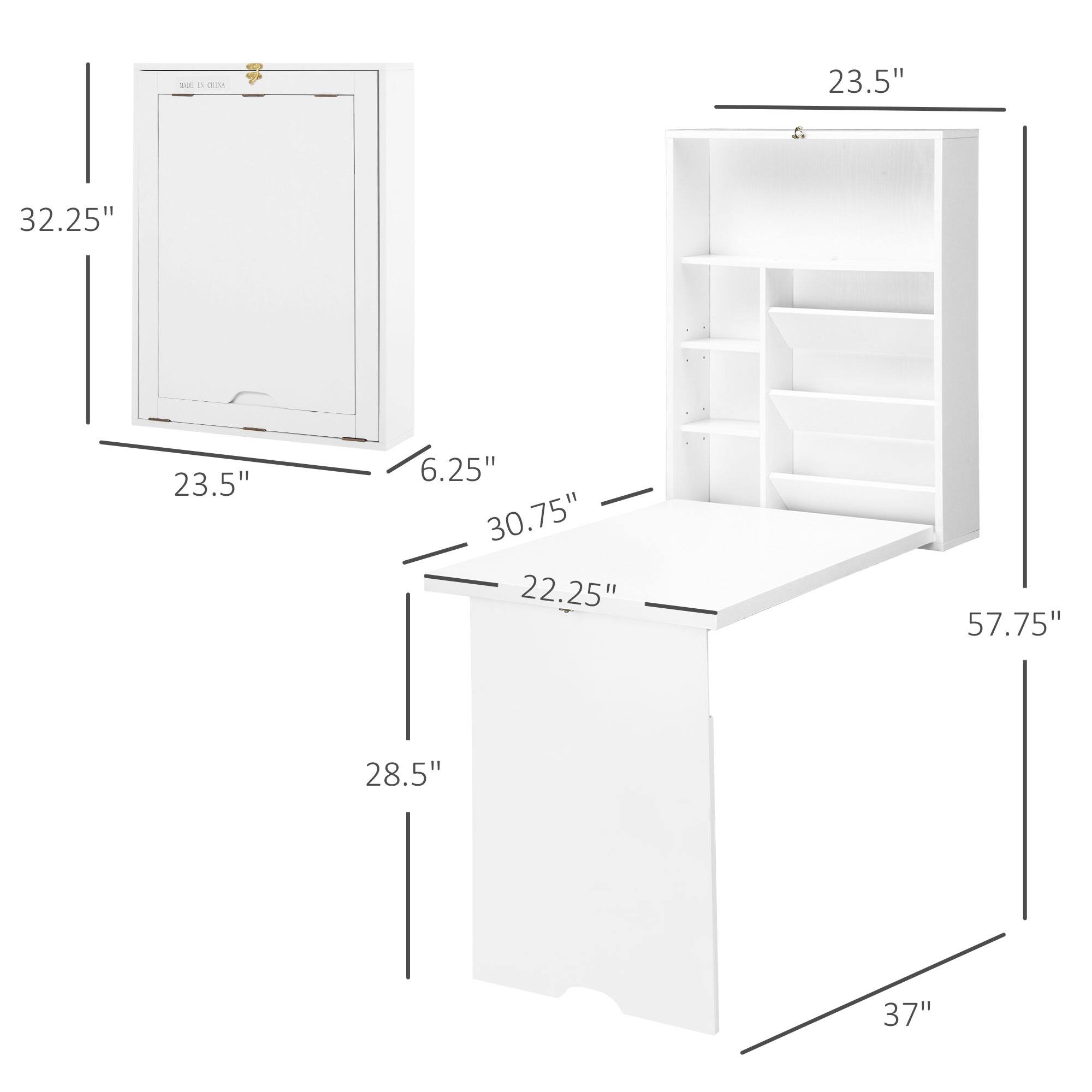 - Width: 32.25"
- Height: 37"
- Depth: 23.5"
- Shelf Depth: 6.25"
- Shelf Width: 30.75"
- Drawer Height: 28.5"
- Drawer Width: 22.25"
- Overall Height: 57.75"
- Overall Width: 23.5"