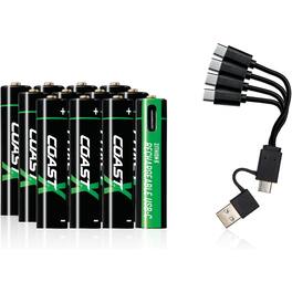 Coast - COAST® AAA USB-C Rechargeable Batteries, 1.5V 750mAh, Fast Charge, Cable Included, 12-Pack, ZITHION-X Lithium