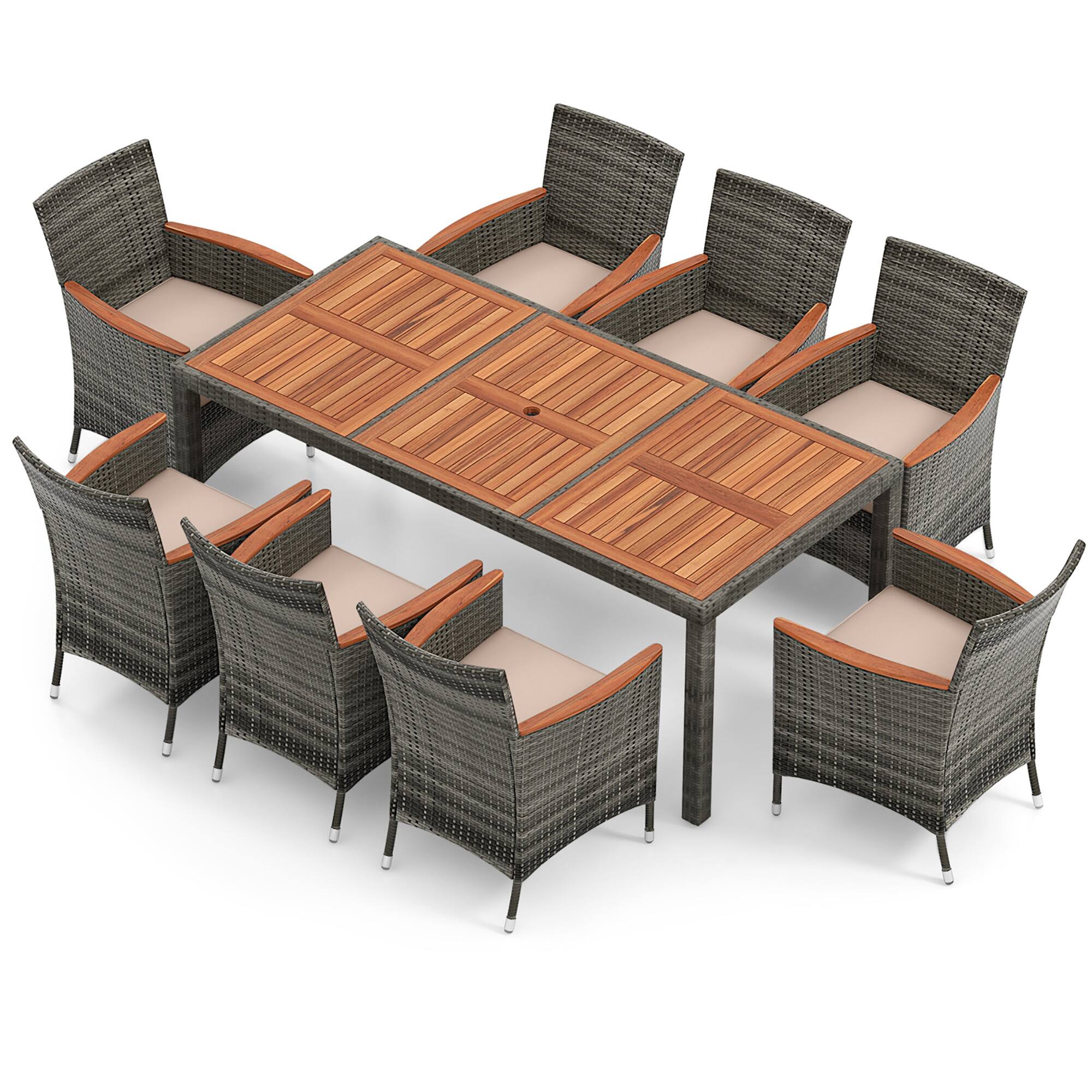 Alt View 9. Gymax - Gymax 9 PCS Wicker Dining Set Patio Dining Furniture Set w/ Acacia Wood Table & 8 Armchairs - mix gray.