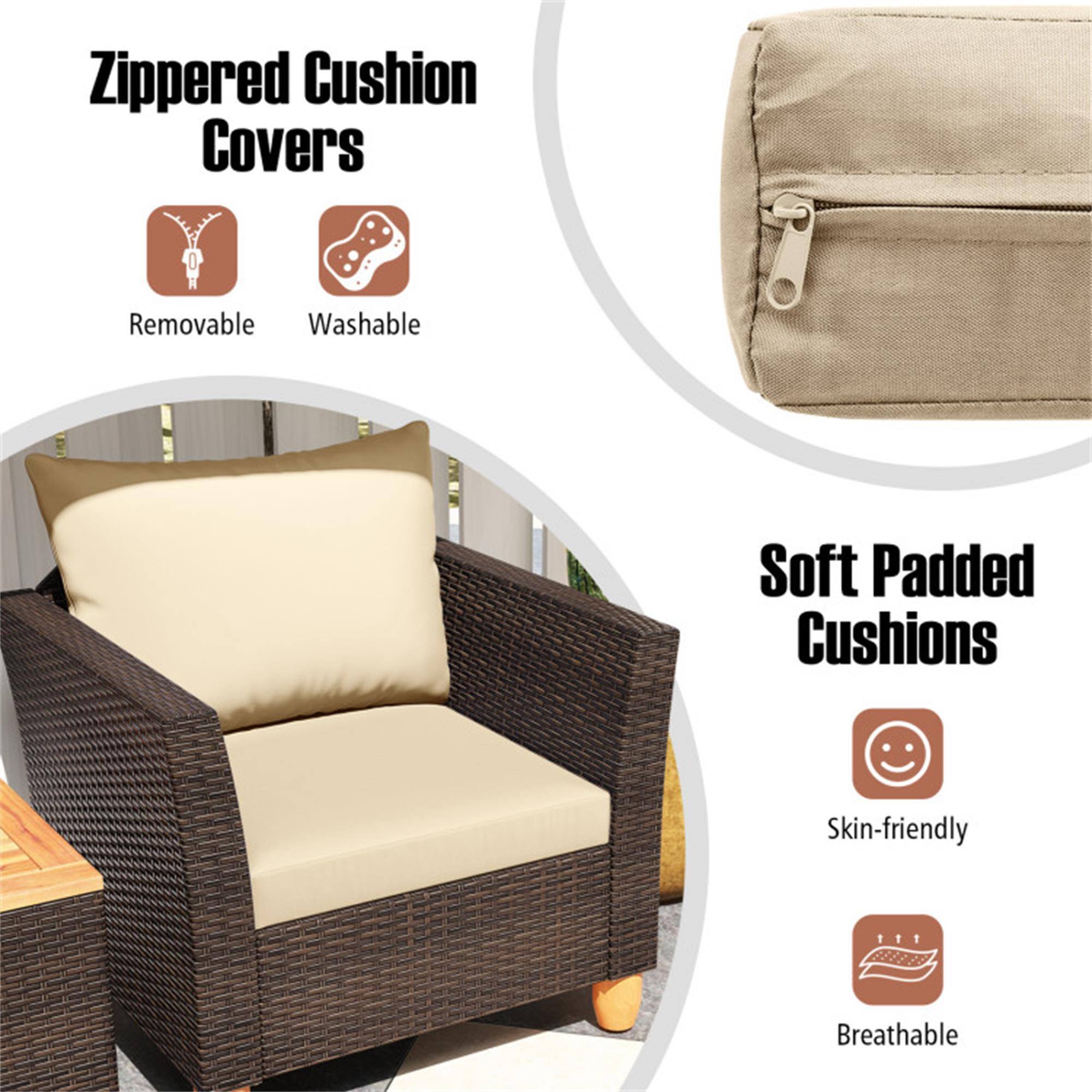 Zippered Cushion Covers  
- Removable  
- Washable  

Soft Padded Cushions  
- Skin-friendly  
- Breathable
