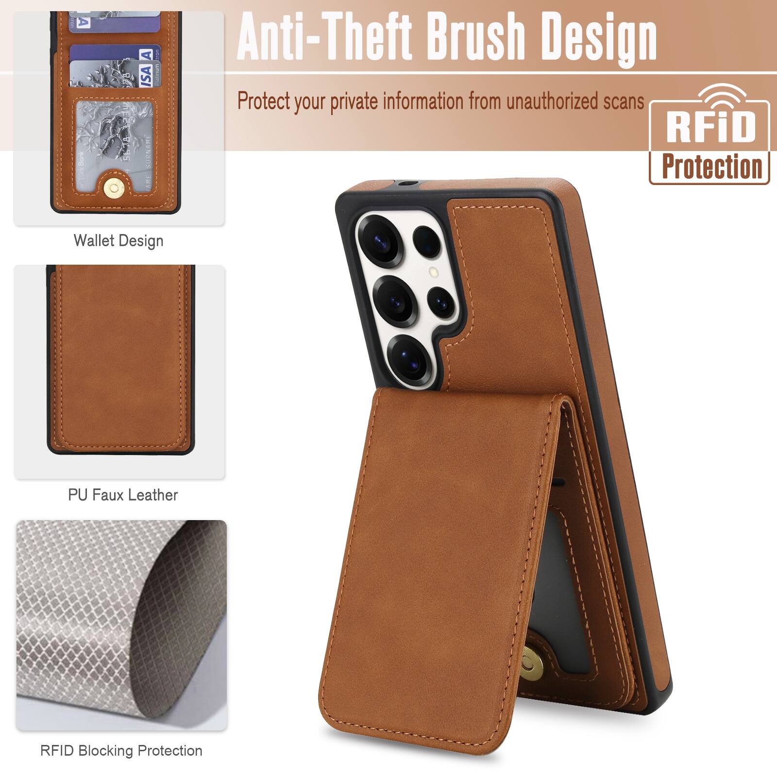 Anti-Theft Brush Design  
Protect your private information from unauthorized scans  

RFiD Protection  

Wallet Design  
PU Faux Leather  
RFID Blocking Protection