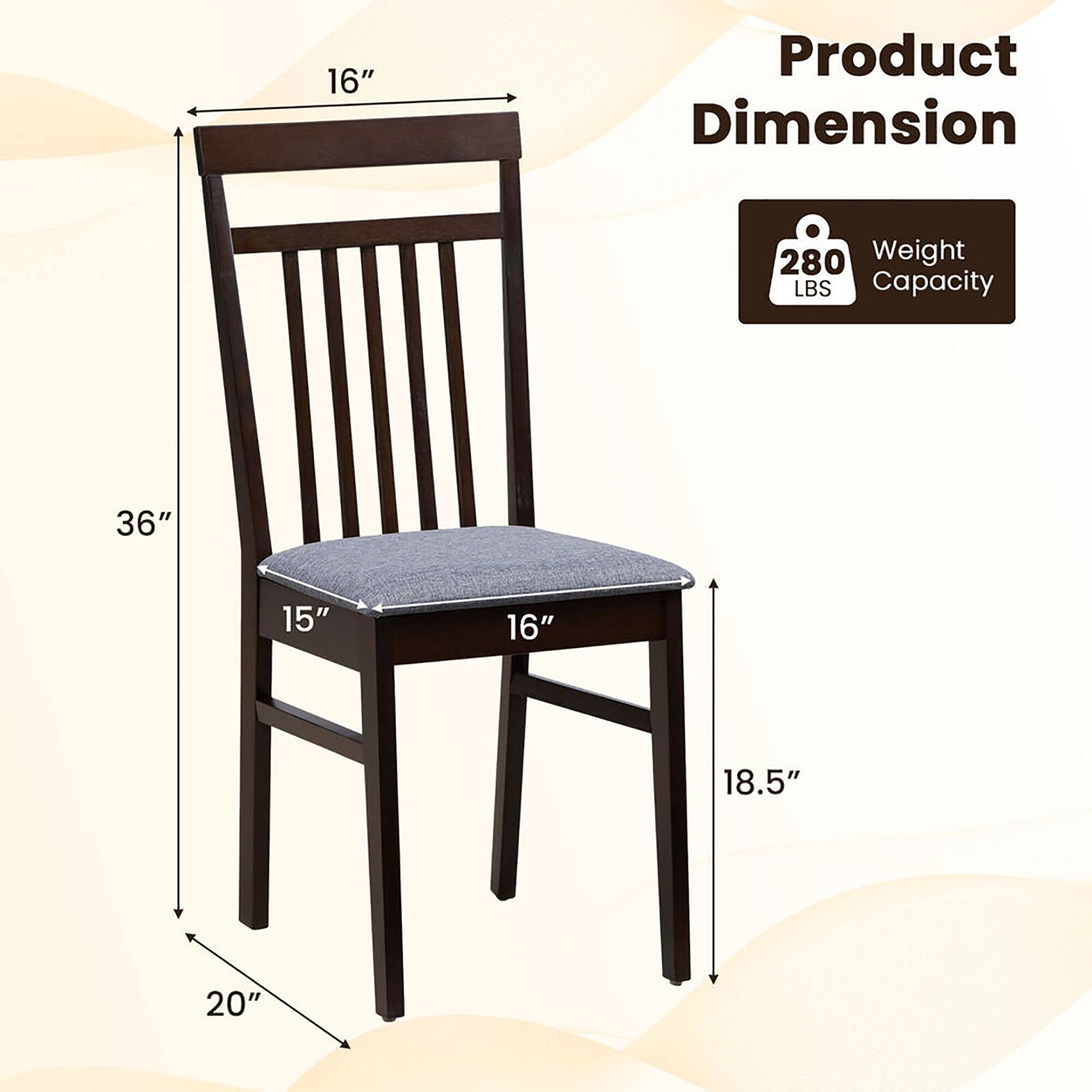 The corrected text is:

- Product Dimension: 16" (Height), 15" (Seat Width), 16" (Seat Depth), 18.5" (Back Height), 20" (Width)
- Weight Capacity: 280 LBS