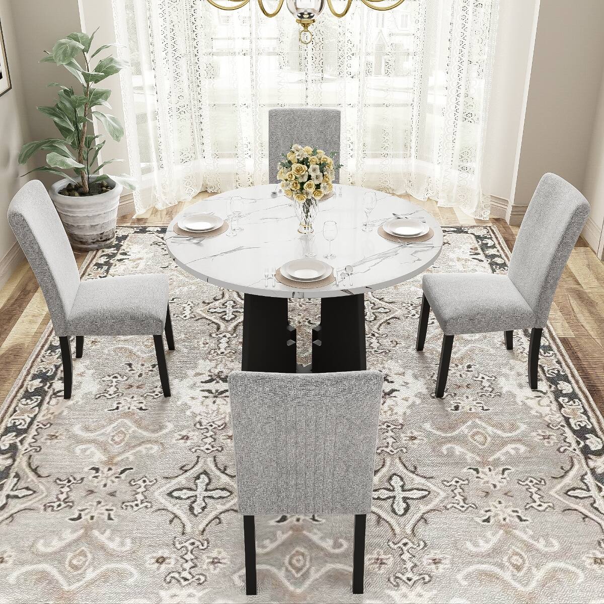 Alt View 1. Loheer - Loheer 5 Piece Round Dining Table Set with Upholstered Chairs, 43 Inch Modern Dining Set for Four - White and gray.