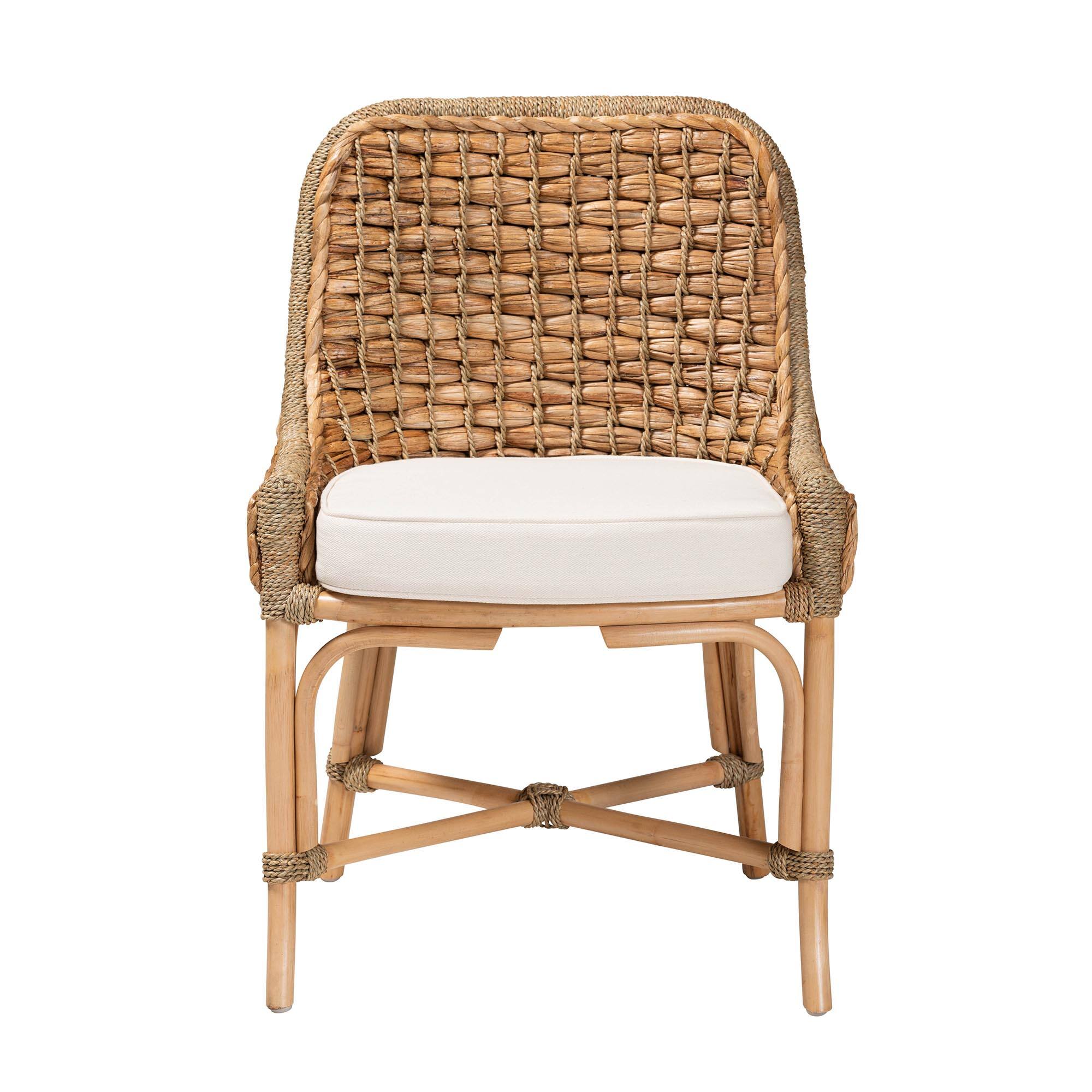 Angle. bali & pari - Kyle Modern Bohemian Woven Rattan Dining Side Chair With Cushion - White/Natural Brown.