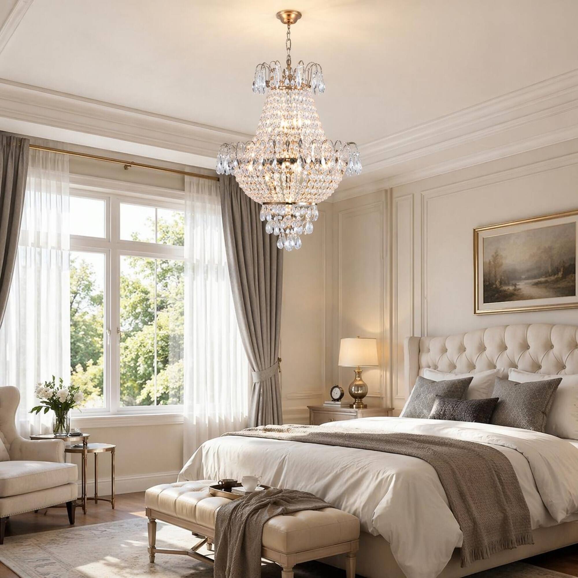 Left. RYHNUYNE - Large Gold Crystal Chandelier with K9 Glass Accents – Contemporary Luxury Ceiling Light for Living Room, Dining Room.