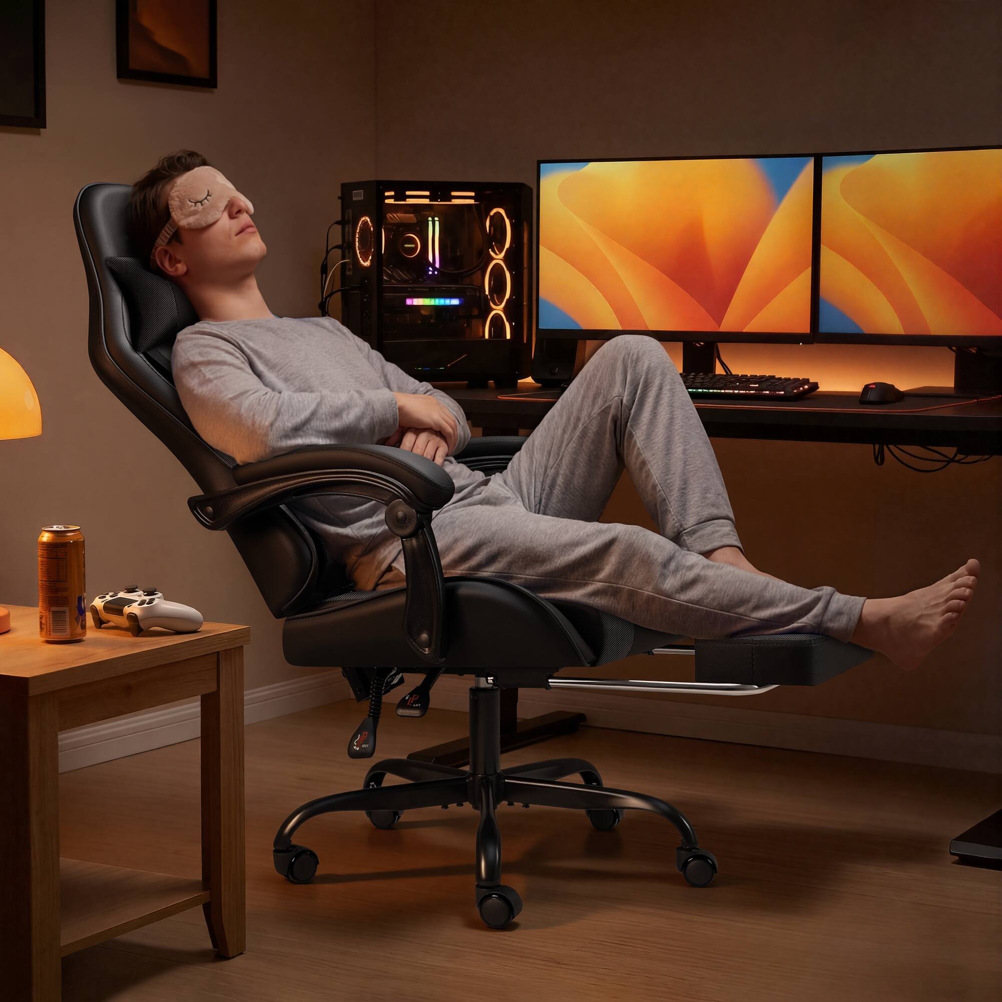 Alt View 3. Homall - Gaming Chair Massage Ergonomic Chair PU Leather Height Adjustable Racing Chair with Footrest & Lumbar Support - BLACK.