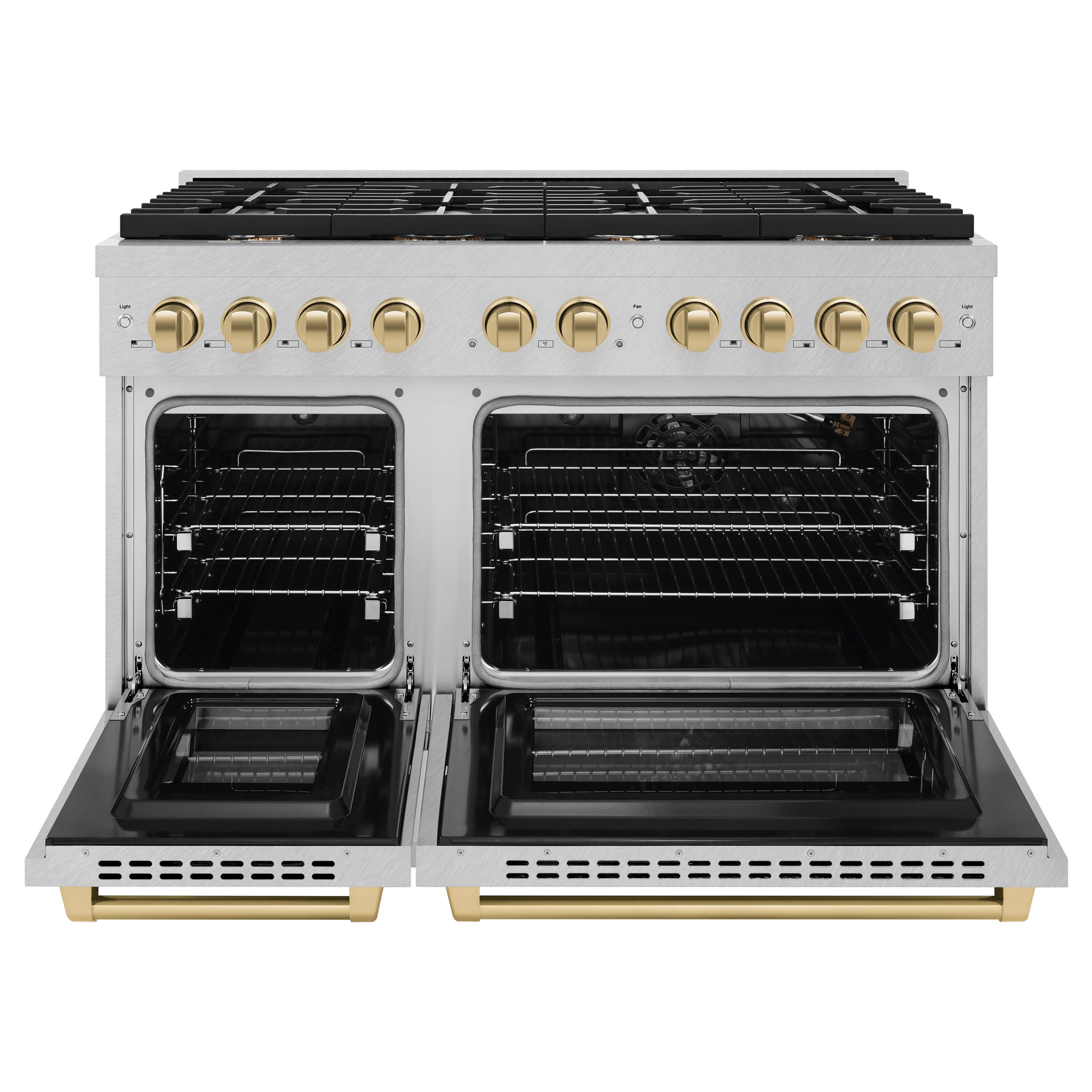 Angle. ZLINE - ZLINE Autograph 48 in. Paramount Satin Steel Gas Range w/ 8 Burners & Bronze Accents (SGRSZ-48-CB) - Stainless Steel.