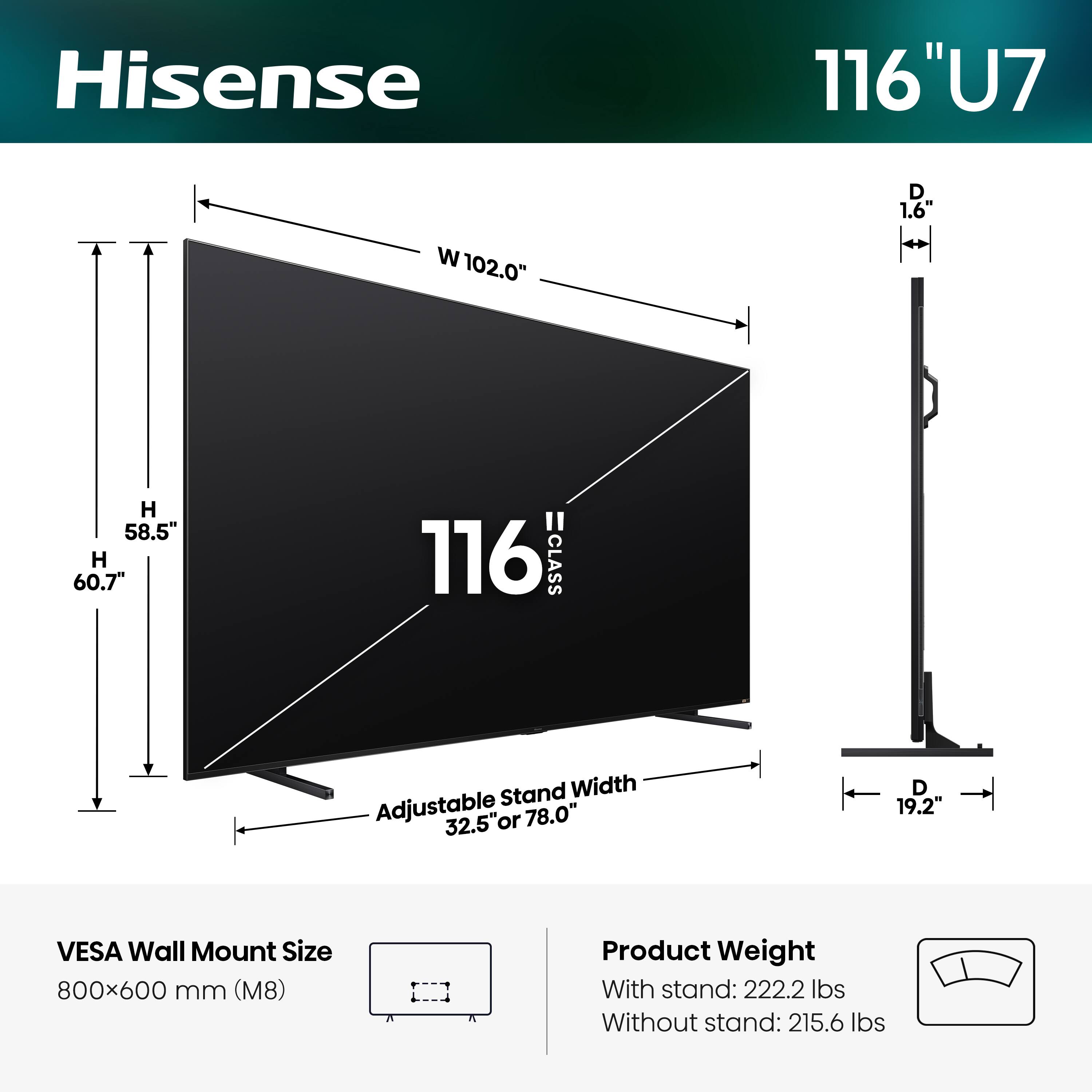 Hisense 116" U7  
- Width (W): 102.0"  
- Height (H): 58.5"  
- Depth (D): 1.6"  
- Adjustable Stand Width: 32.5" or 78.0"  
- Depth (D): 19.2"  
- VESA Wall Mount Size: 800x600 mm (M8)  
- Product Weight:  
  - With stand: 222.2 lbs  
  - Without stand: 215.6 lbs